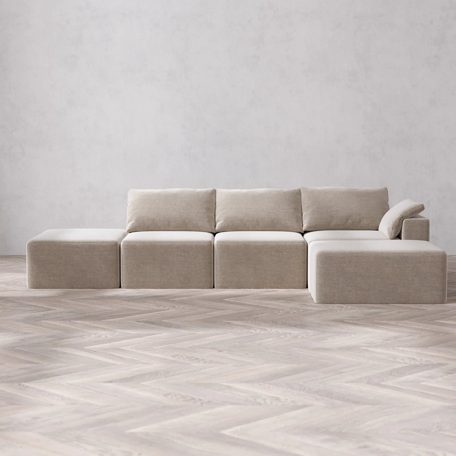 Modular Washable 3-Seater Open End Chaise Sectional Cloud Sofa | Right-Facing Arm | Satin Velvet in Caraway