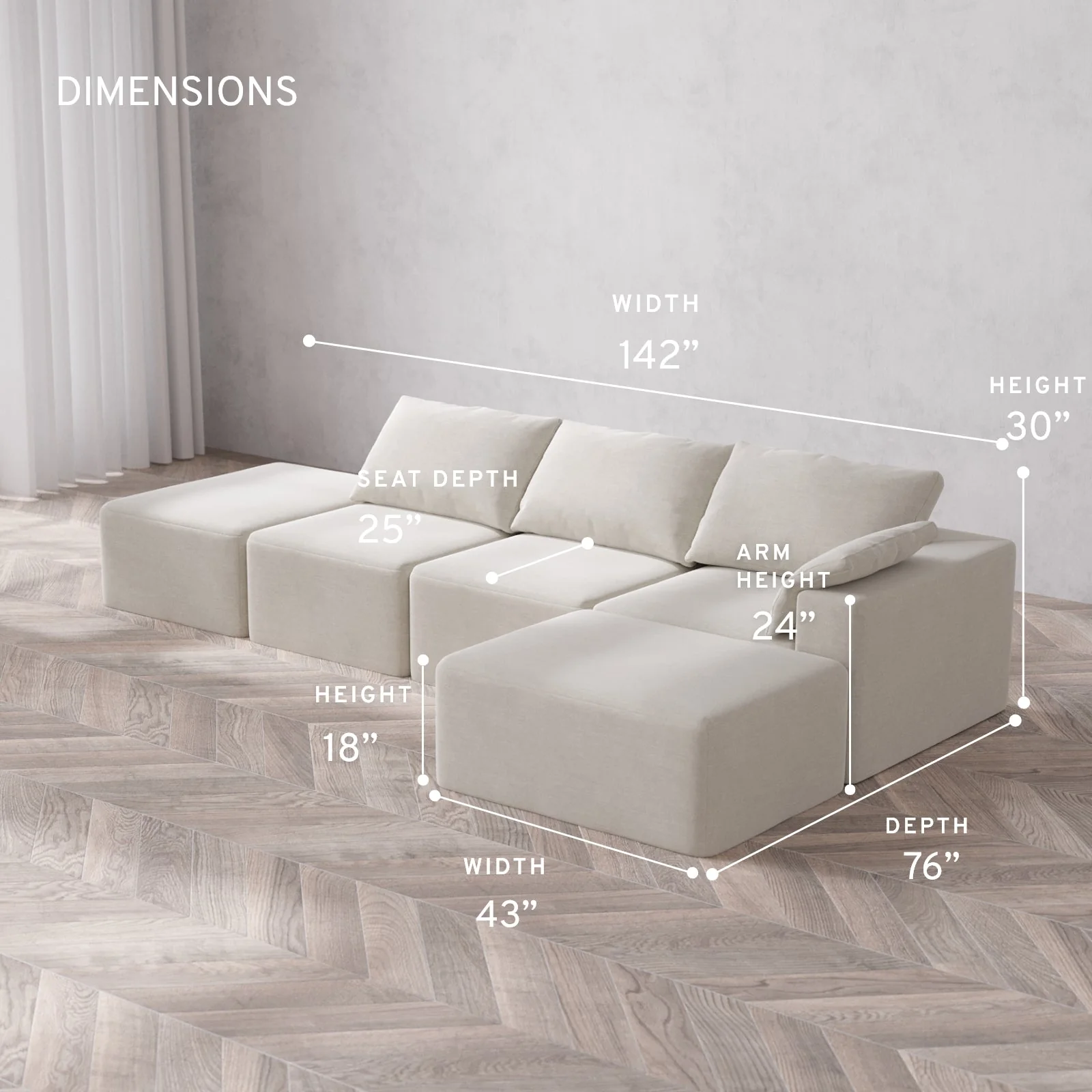 Modular Washable 3-Seater Open End Chaise Sectional Cloud Sofa | Right-Facing Arm | Satin Velvet in Cashew - Image 5