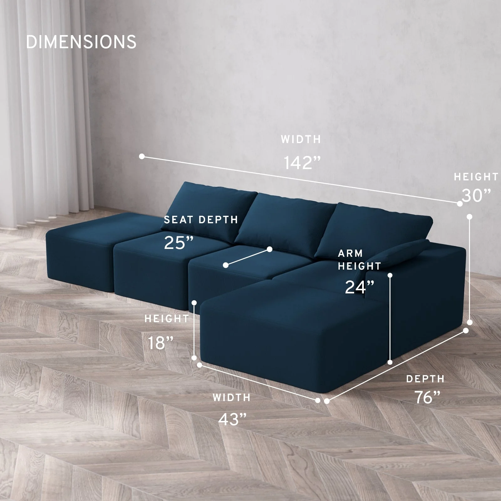 Modular Washable 3-Seater Open End Chaise Sectional Cloud Sofa | Right-Facing Arm | Arden Weave in Lazuli - Image 5