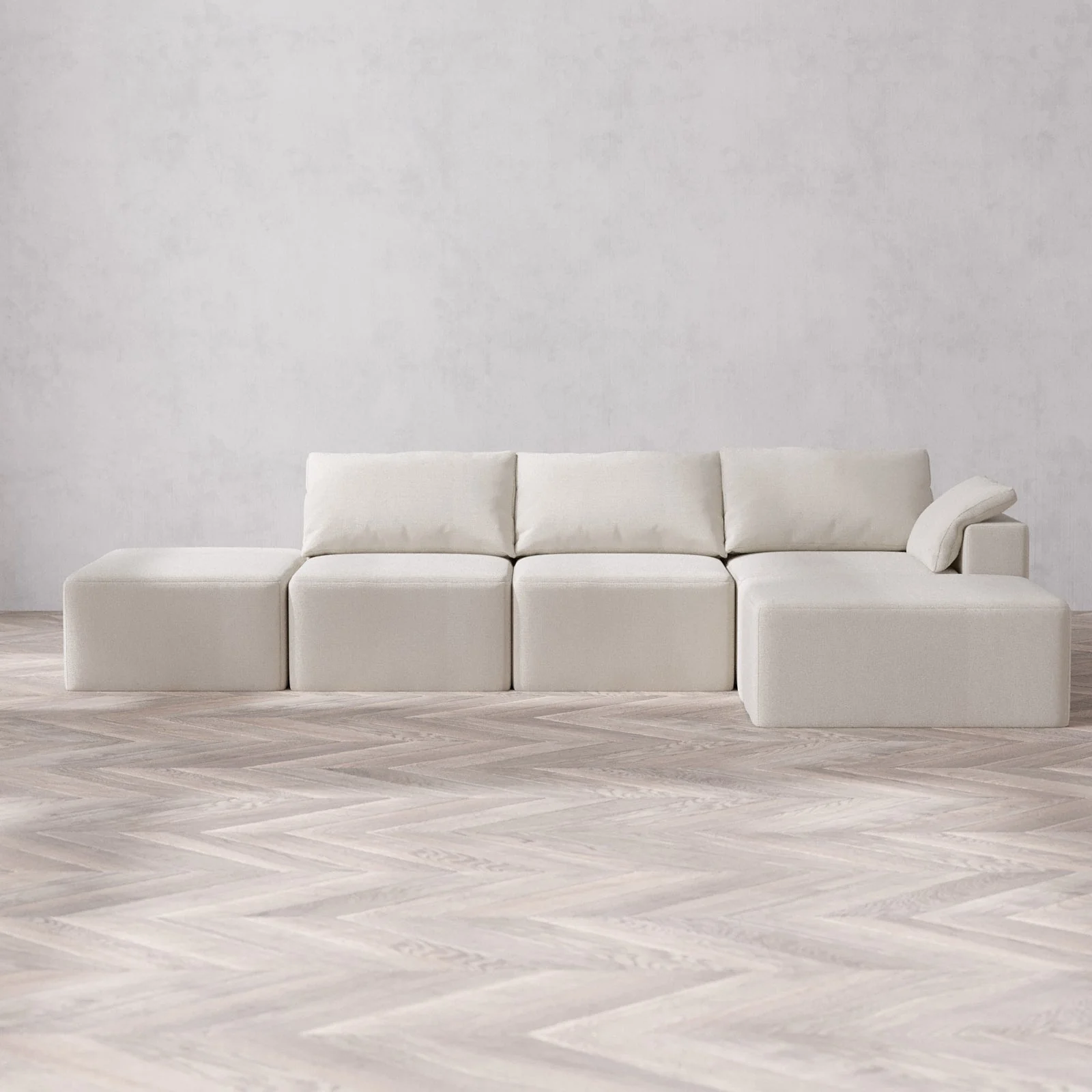 Modular Washable 3-Seater Open End Chaise Sectional Cloud Sofa | Right-Facing Arm | Lux Weave in Pearl