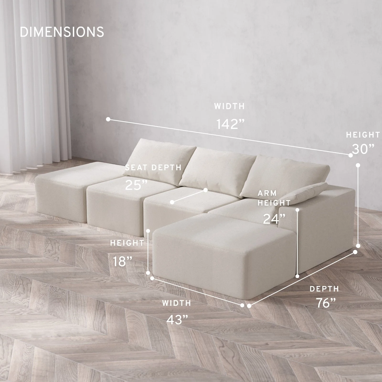 Modular Washable 3-Seater Open End Chaise Sectional Cloud Sofa | Right-Facing Arm | Lux Weave in Pearl - Image 5