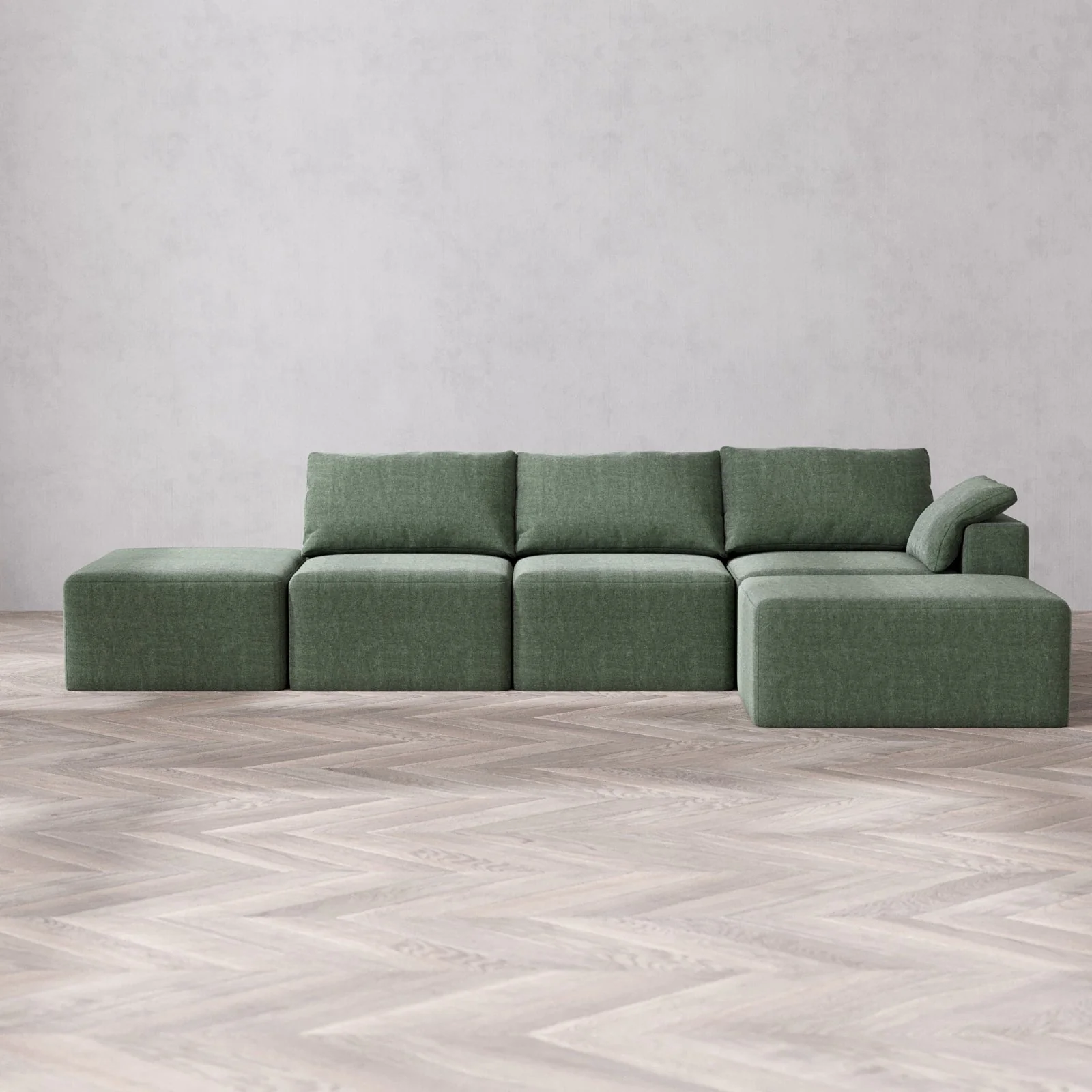 Modular Washable 3-Seater Open End Chaise Sectional Cloud Sofa | Right-Facing Arm | Heirloom Velvet in Sage