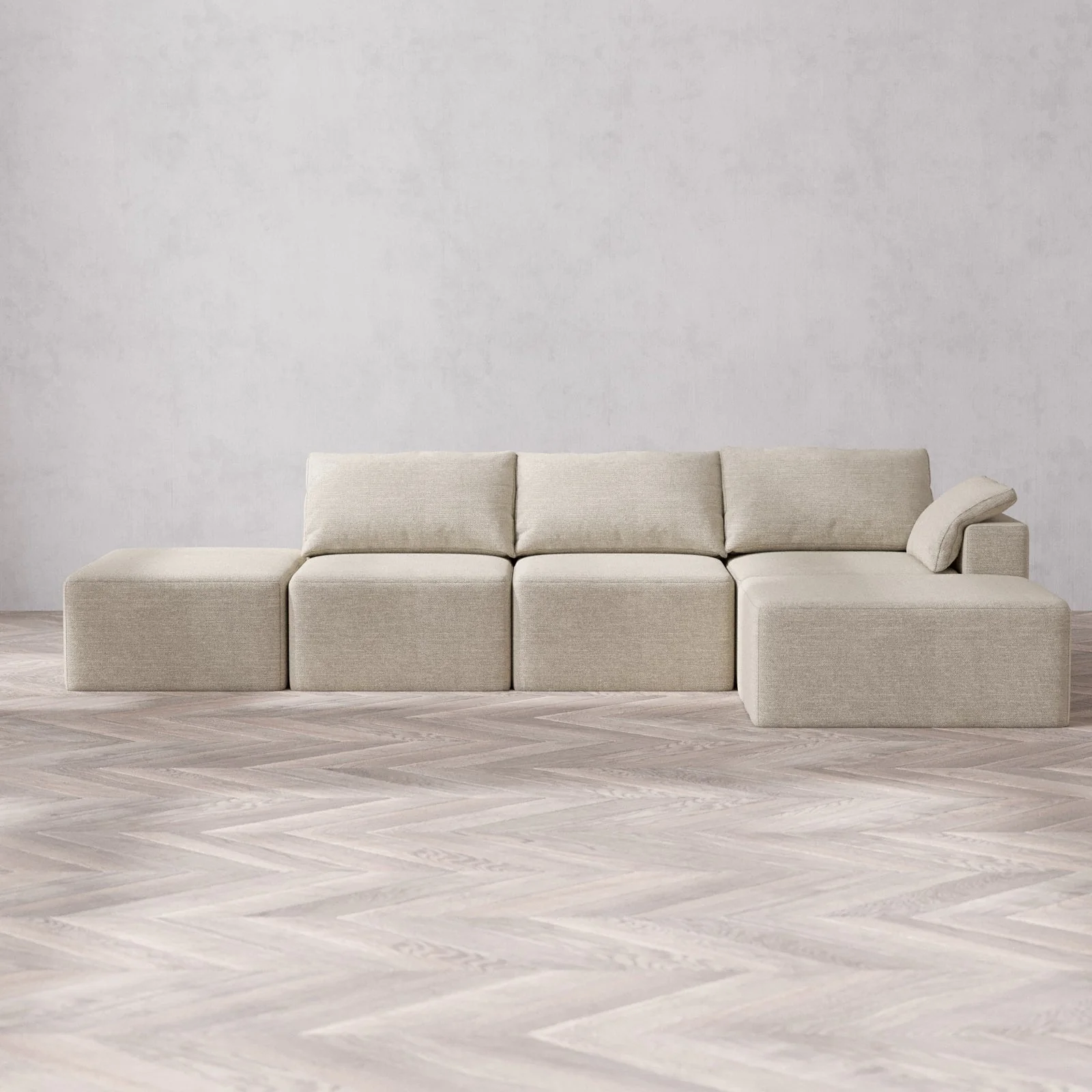 Modular Washable 3-Seater Open End Chaise Sectional Cloud Sofa | Right-Facing Arm | Plush Twill in Sandstone