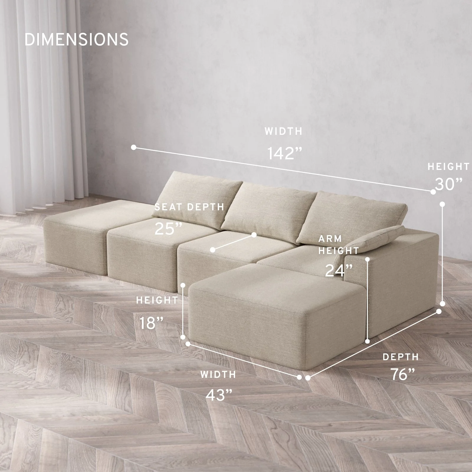Modular Washable 3-Seater Open End Chaise Sectional Cloud Sofa | Right-Facing Arm | Plush Twill in Sandstone - Image 5
