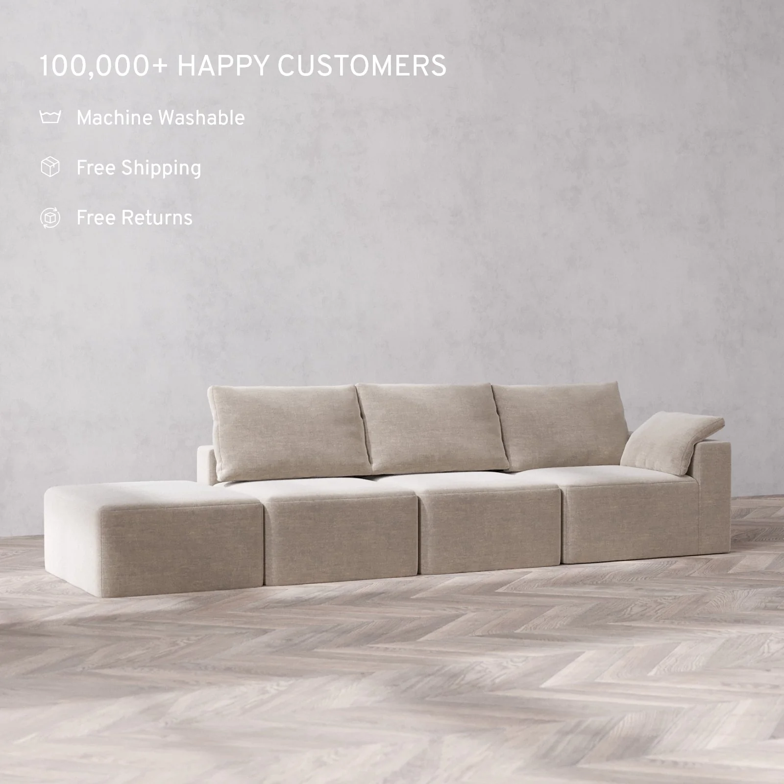 Modular Washable 3-Seater Open End Cloud + Bolster Sofa | Right-Facing Arm | Satin Velvet in Caraway - Image 2