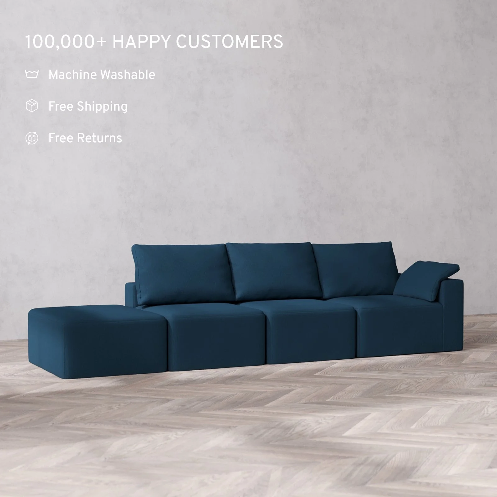 Modular Washable 3-Seater Open End Cloud + Bolster Sofa | Right-Facing Arm | Arden Weave in Lazuli - Image 2