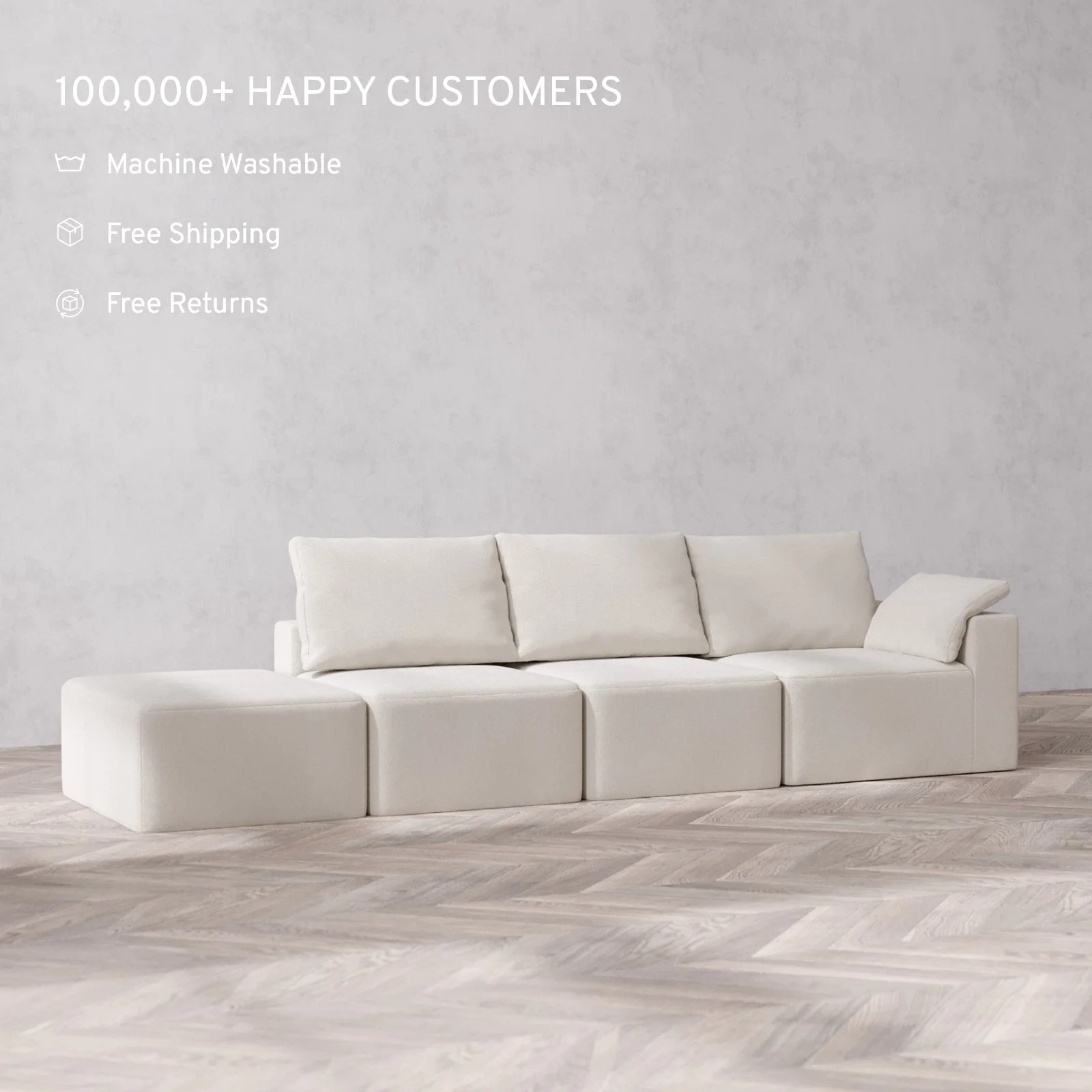 Modular Washable 3-Seater Open End Cloud + Bolster Sofa | Right-Facing Arm | Lux Weave in Pearl - Image 2