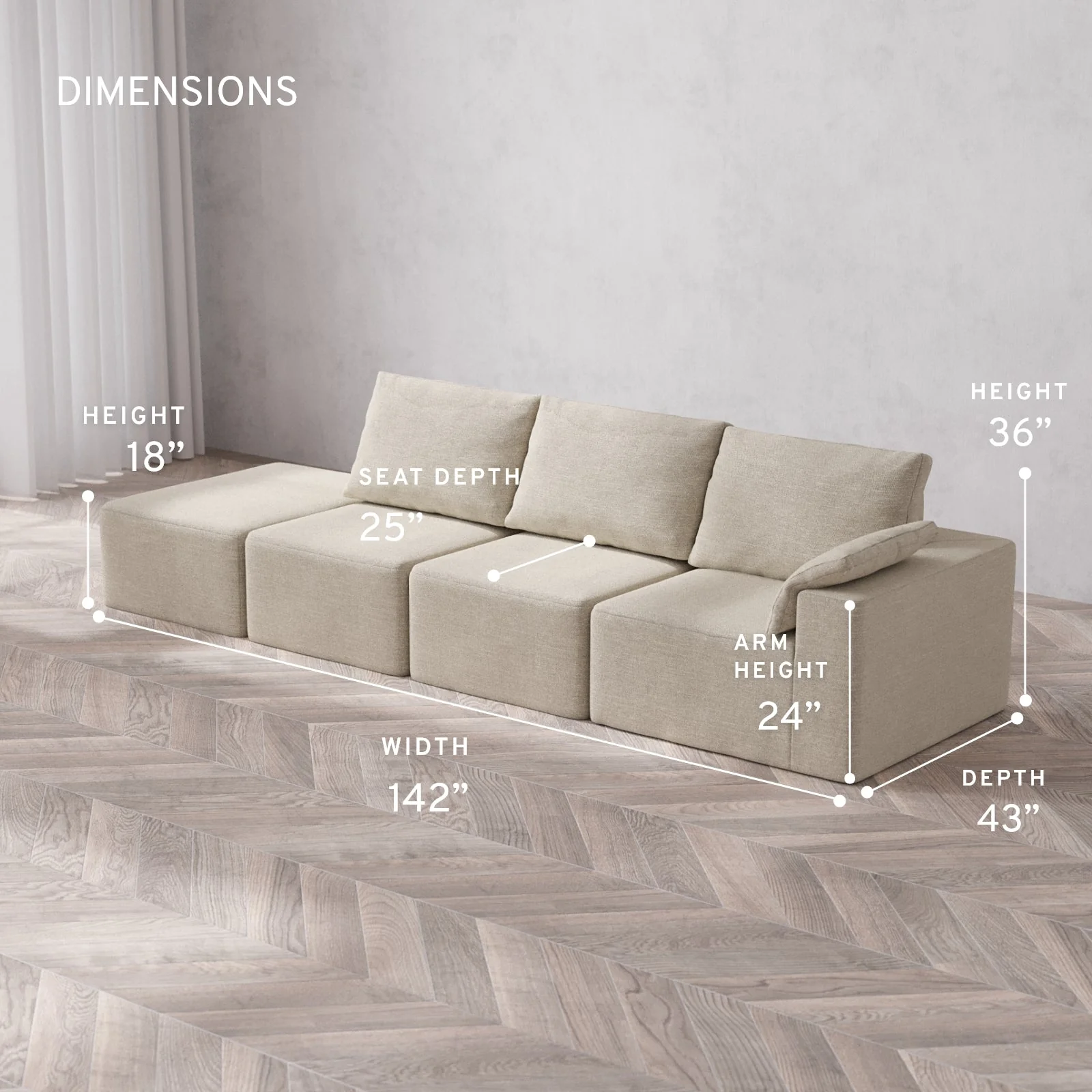 Modular Washable 3-Seater Open End Cloud + Bolster Sofa | Right-Facing Arm | Plush Twill in Sandstone - Image 5