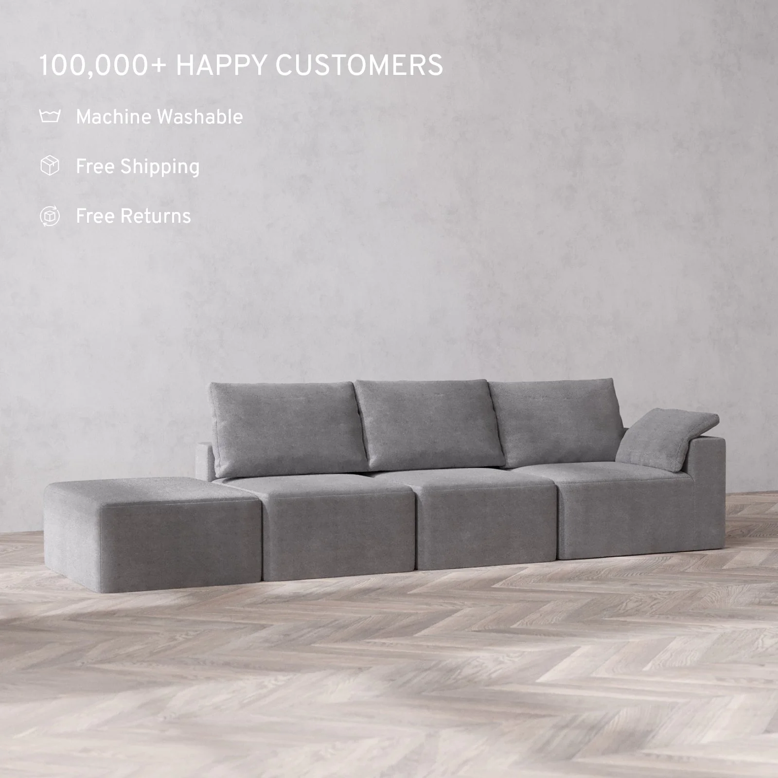 Modular Washable 3-Seater Open End Cloud + Bolster Sofa | Right-Facing Arm | Lux Weave in Slate - Image 2