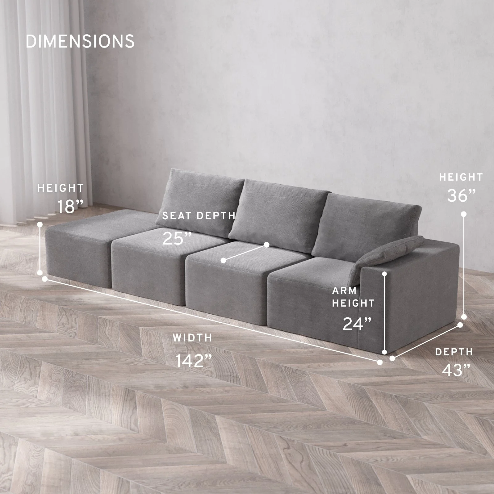 Modular Washable 3-Seater Open End Cloud + Bolster Sofa | Right-Facing Arm | Lux Weave in Slate - Image 5
