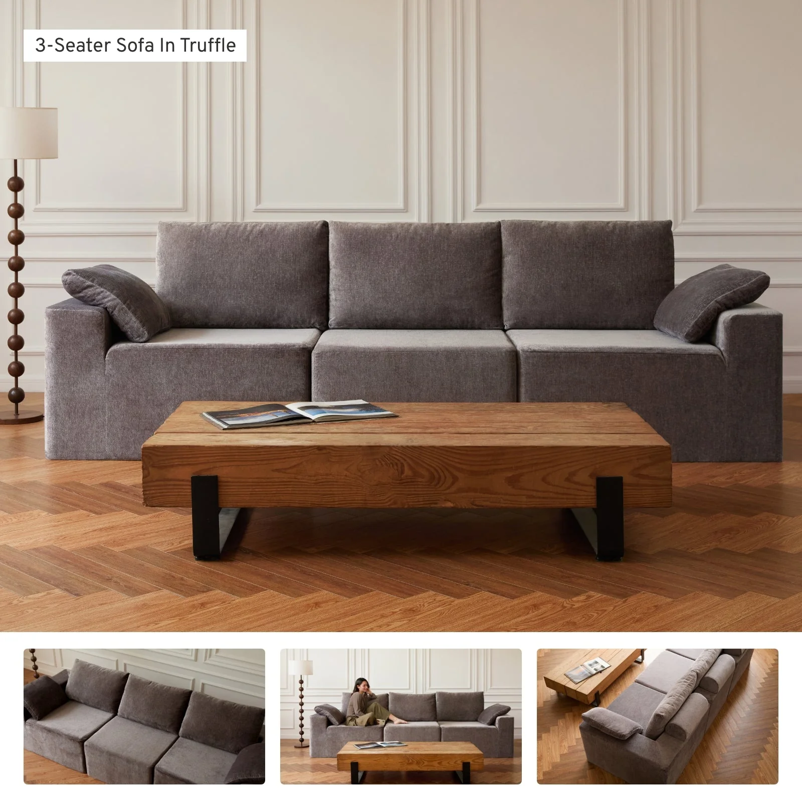 Modular Washable 3-Seater Open End Cloud + Bolster Sofa | Right-Facing Arm | Heirloom Velvet in Truffle - Image 8