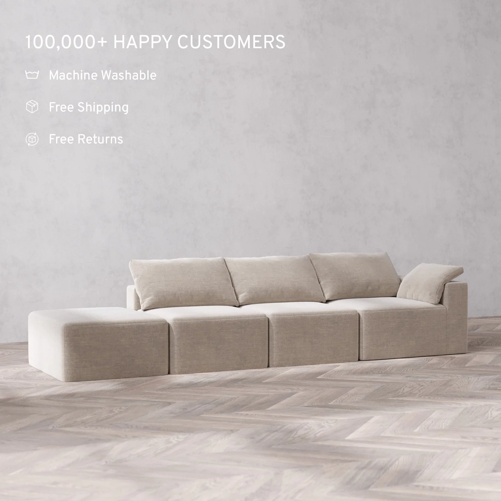 Modular Washable 3-Seater Open End Cloud Sofa | Right-Facing Arm | Satin Velvet in Caraway - Image 2