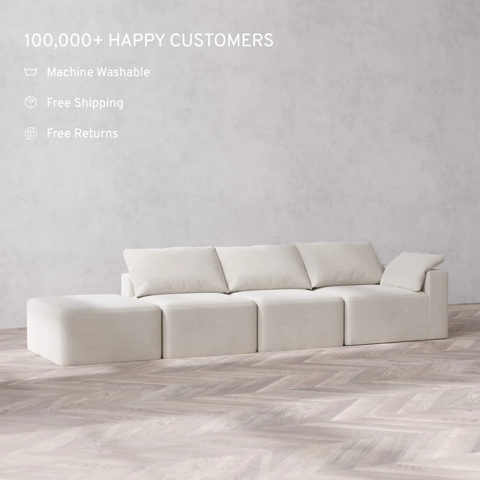 Modular Washable 3-Seater Open End Cloud Sofa | Right-Facing Arm | Satin Velvet in Cashew - Image 2