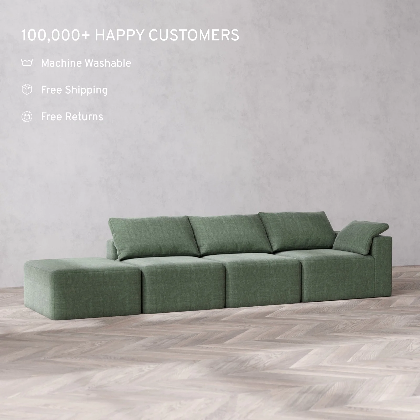 Modular Washable 3-Seater Open End Cloud Sofa | Right-Facing Arm | Heirloom Velvet in Sage - Image 2