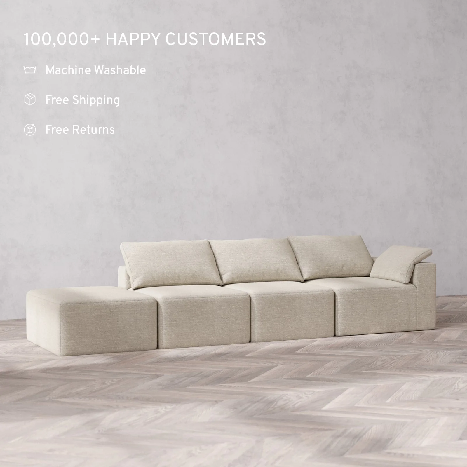 Modular Washable 3-Seater Open End Cloud Sofa | Right-Facing Arm | Plush Twill in Sandstone - Image 2