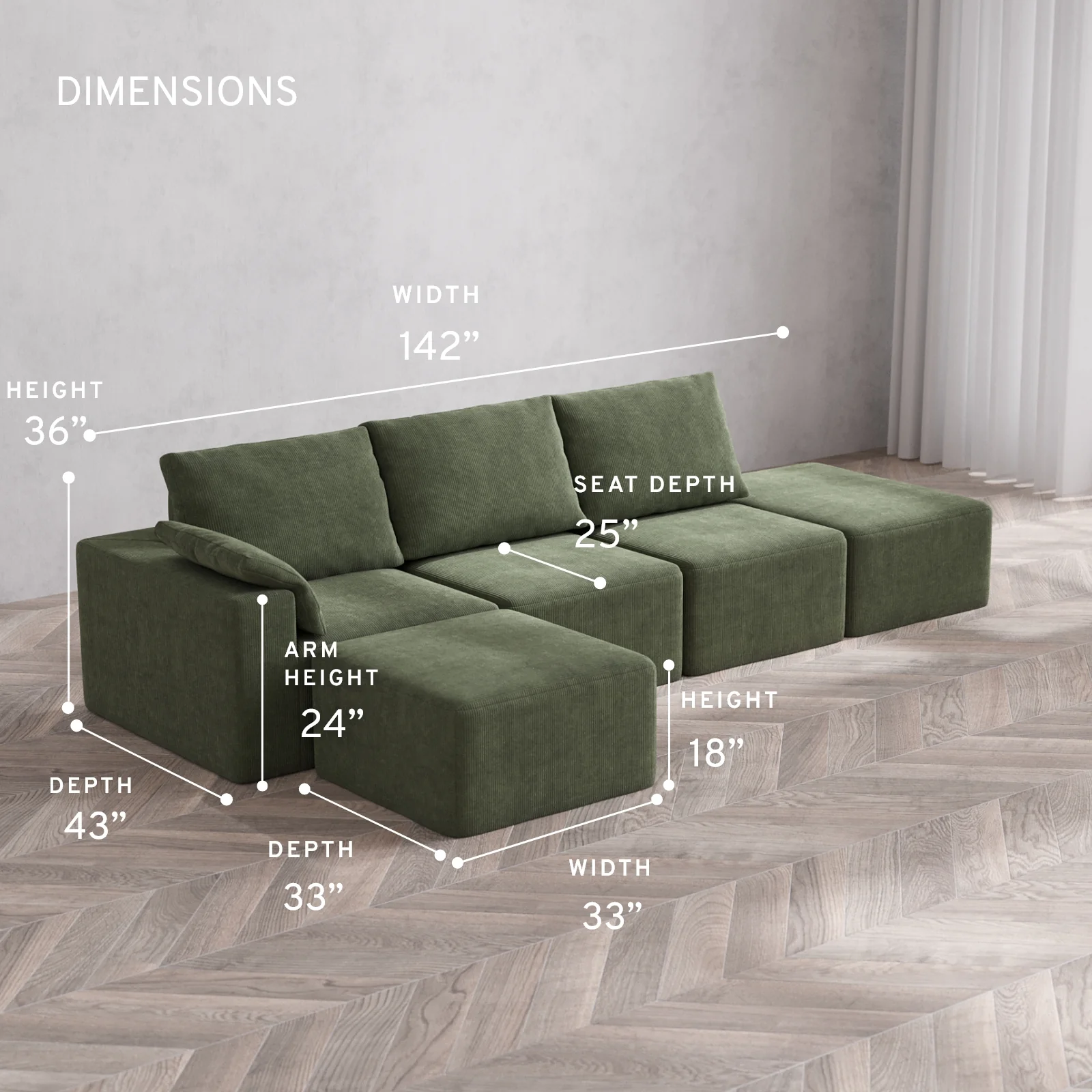 Modular Washable 3-Seater Open End Sectional Cloud + Bolster Sofa | Left-Facing Arm | Luxe Corduroy in Juniper - Image 5