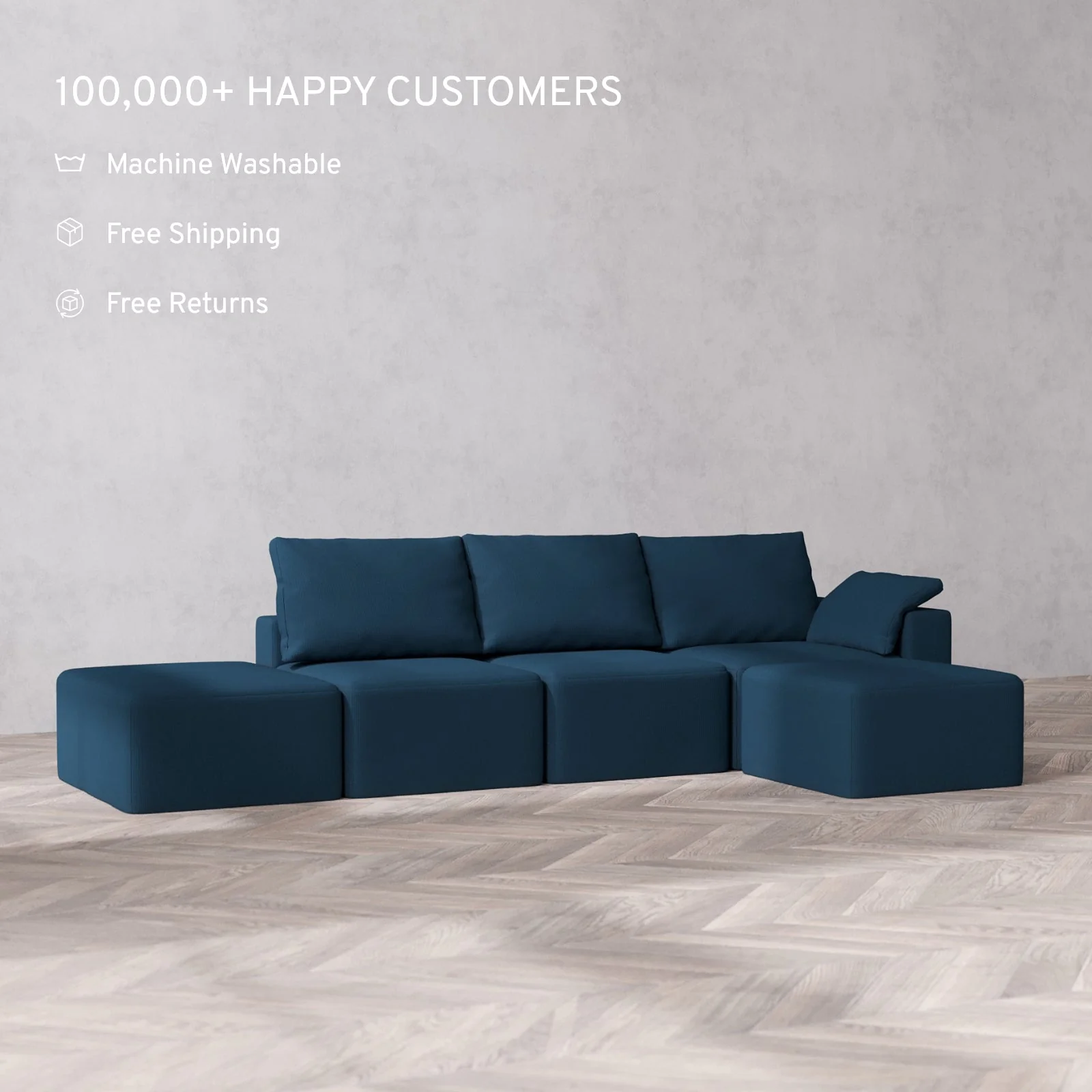 Modular Washable 3-Seater Open End Sectional Cloud + Bolster Sofa | Right-Facing Arm | Arden Weave in Lazuli - Image 2