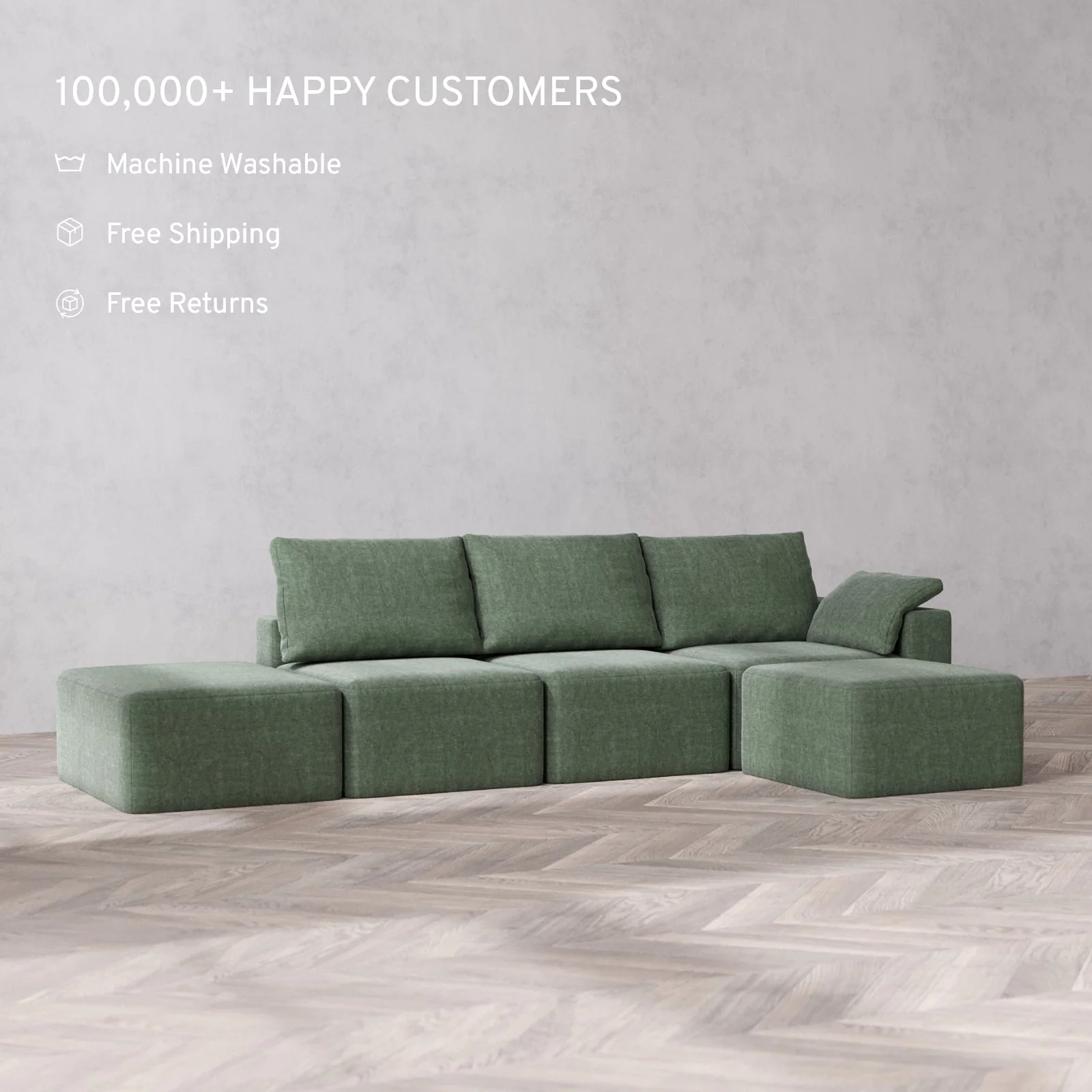 Modular Washable 3-Seater Open End Sectional Cloud + Bolster Sofa | Right-Facing Arm | Heirloom Velvet in Sage - Image 2