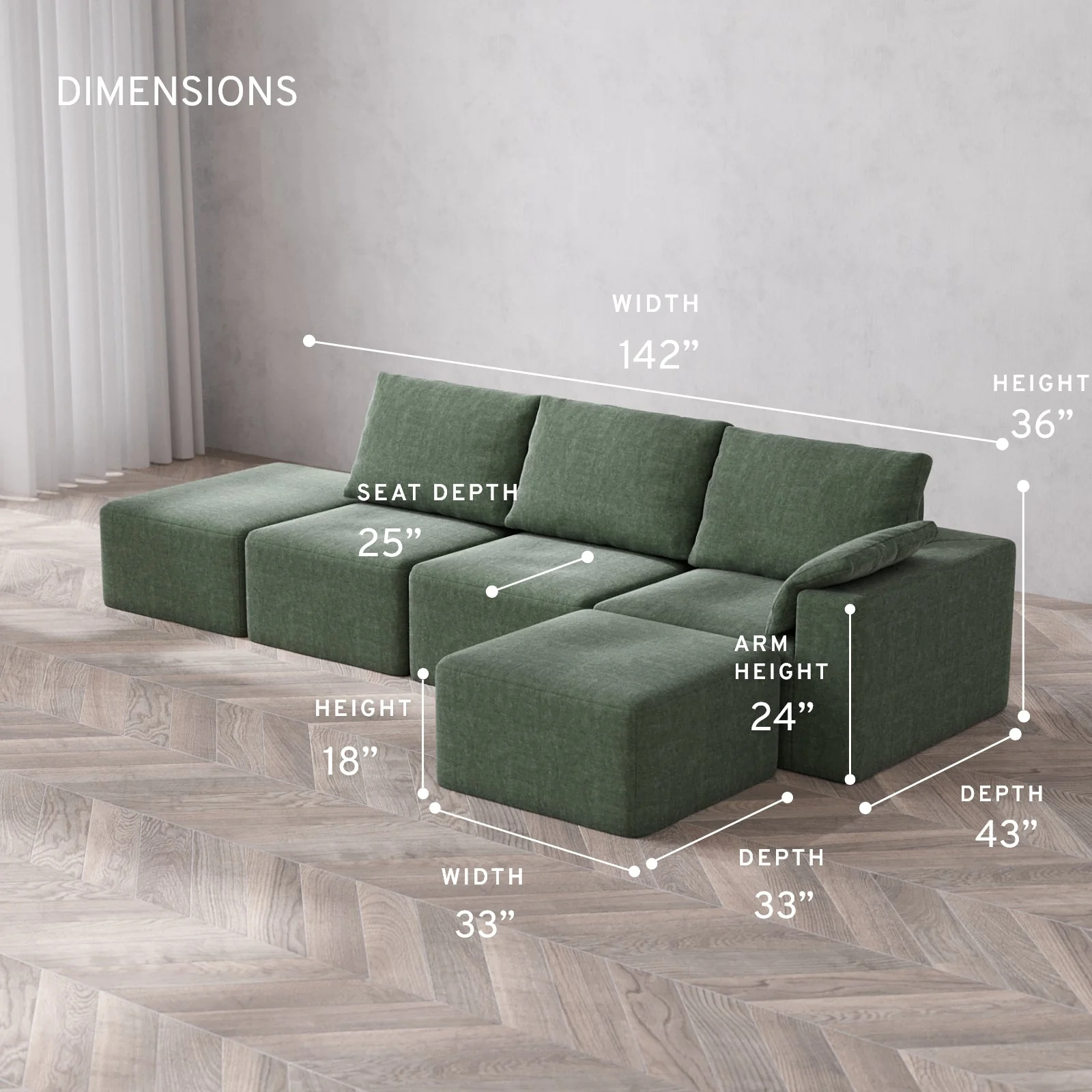 Modular Washable 3-Seater Open End Sectional Cloud + Bolster Sofa | Right-Facing Arm | Heirloom Velvet in Sage - Image 5