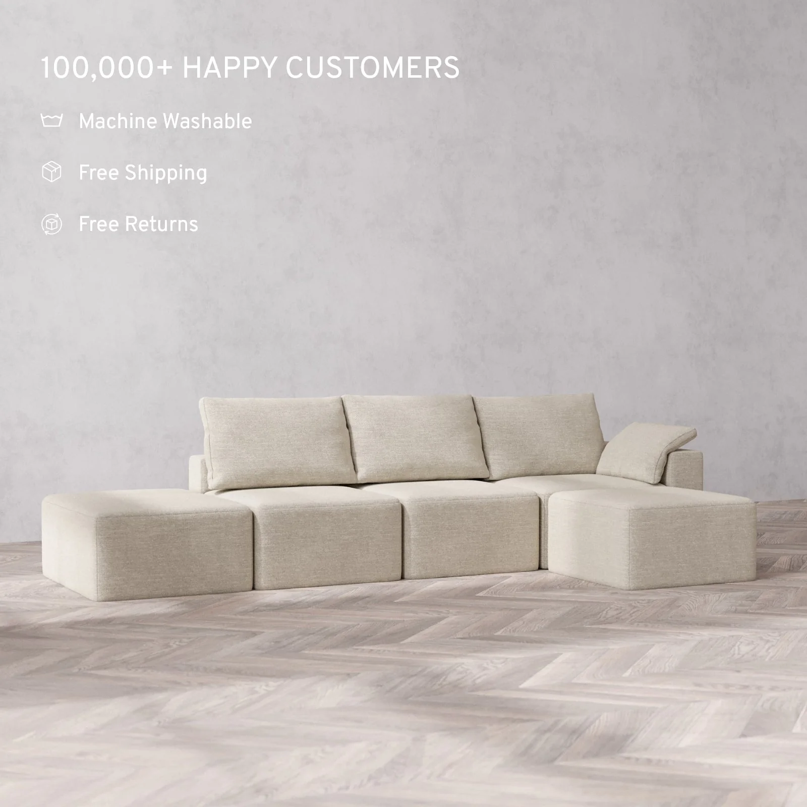 Modular Washable 3-Seater Open End Sectional Cloud + Bolster Sofa | Right-Facing Arm | Plush Twill in Sandstone - Image 2