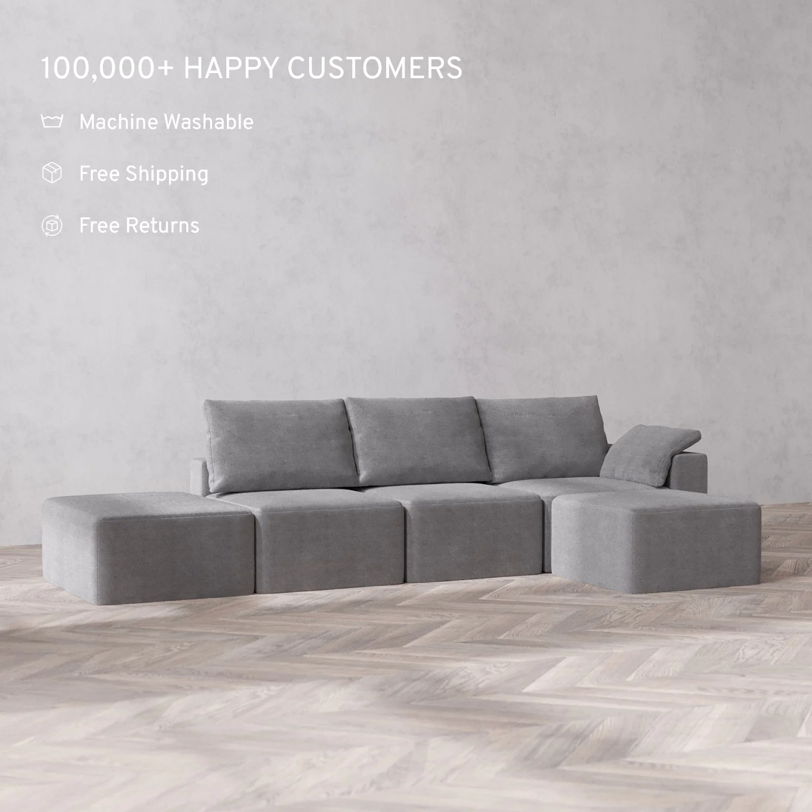 Modular Washable 3-Seater Open End Sectional Cloud + Bolster Sofa | Right-Facing Arm | Lux Weave in Slate - Image 2