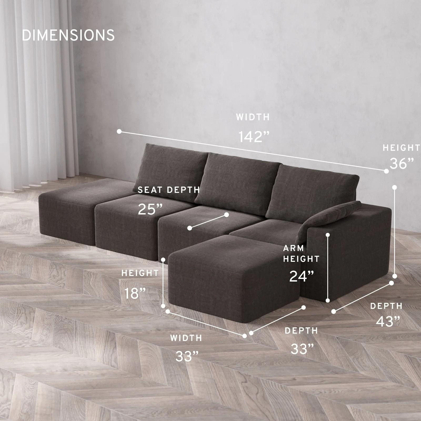 Modular Washable 3-Seater Open End Sectional Cloud + Bolster Sofa | Right-Facing Arm | Heirloom Velvet in Truffle - Image 5