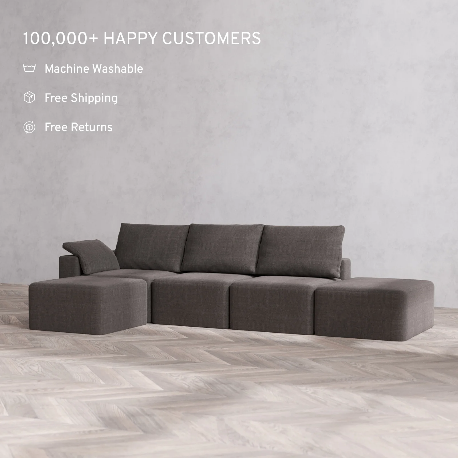 Modular Washable 3-Seater Open End Sectional Cloud + Bolster Sofa | Left-Facing Arm | Heirloom Velvet in Truffle - Image 2