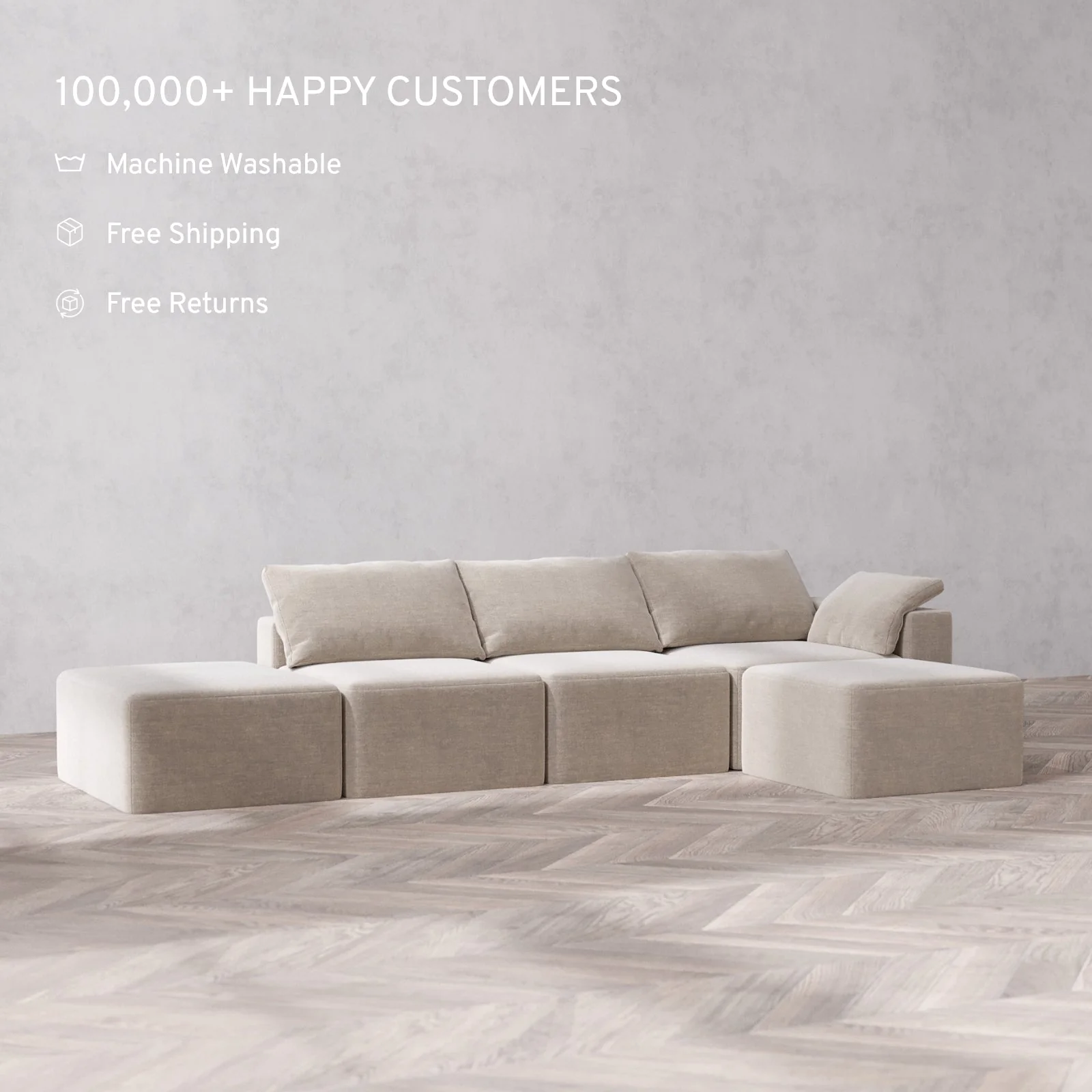 Modular Washable 3-Seater Open End Sectional Cloud Sofa | Right-Facing Arm | Satin Velvet in Caraway - Image 2