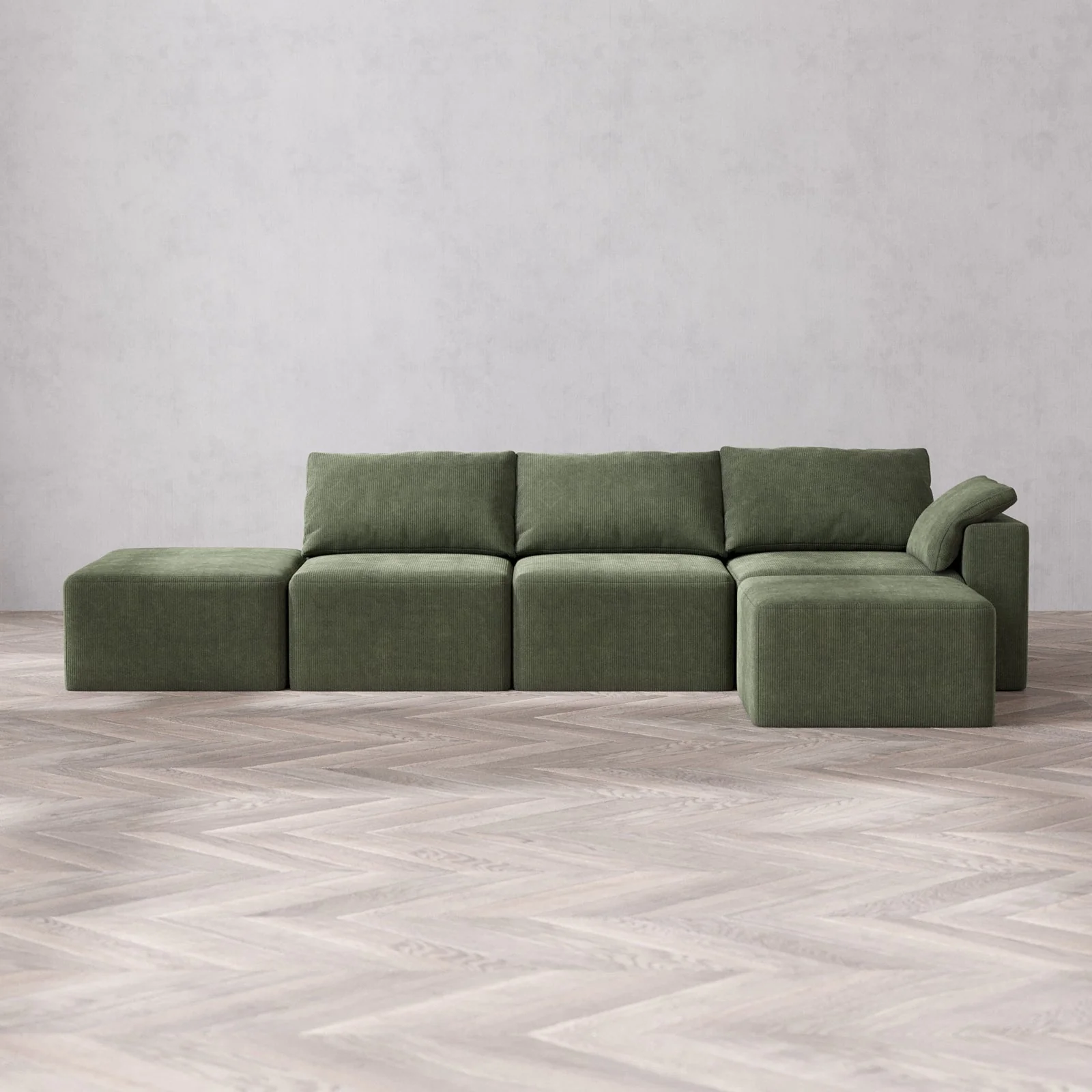 Modular Washable 3-Seater Open End Sectional Cloud Sofa | Right-Facing Arm | Luxe Corduroy in Juniper