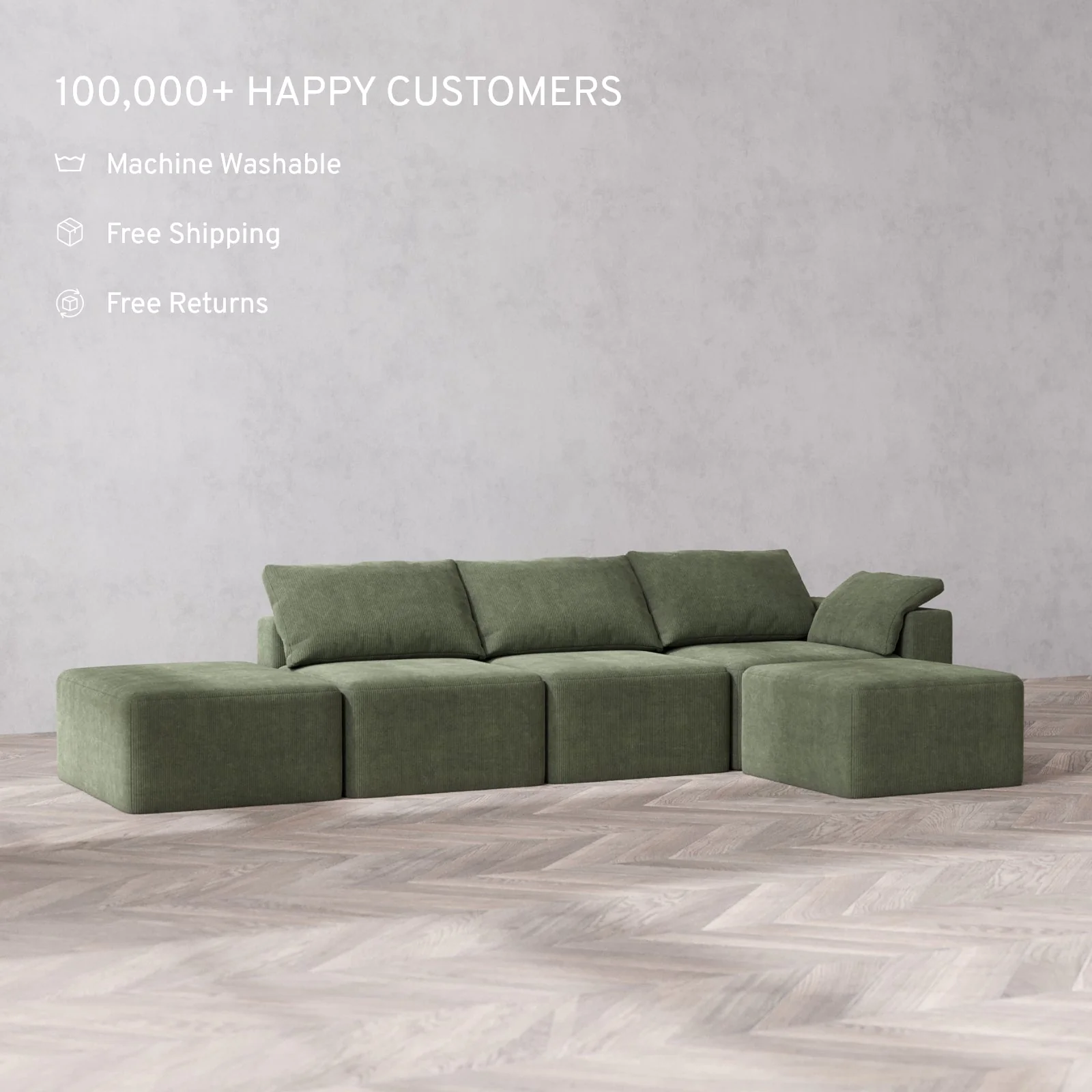Modular Washable 3-Seater Open End Sectional Cloud Sofa | Right-Facing Arm | Luxe Corduroy in Juniper - Image 2