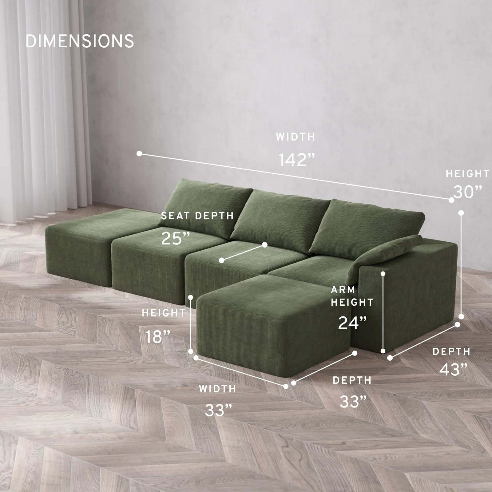 Modular Washable 3-Seater Open End Sectional Cloud Sofa | Right-Facing Arm | Luxe Corduroy in Juniper - Image 5