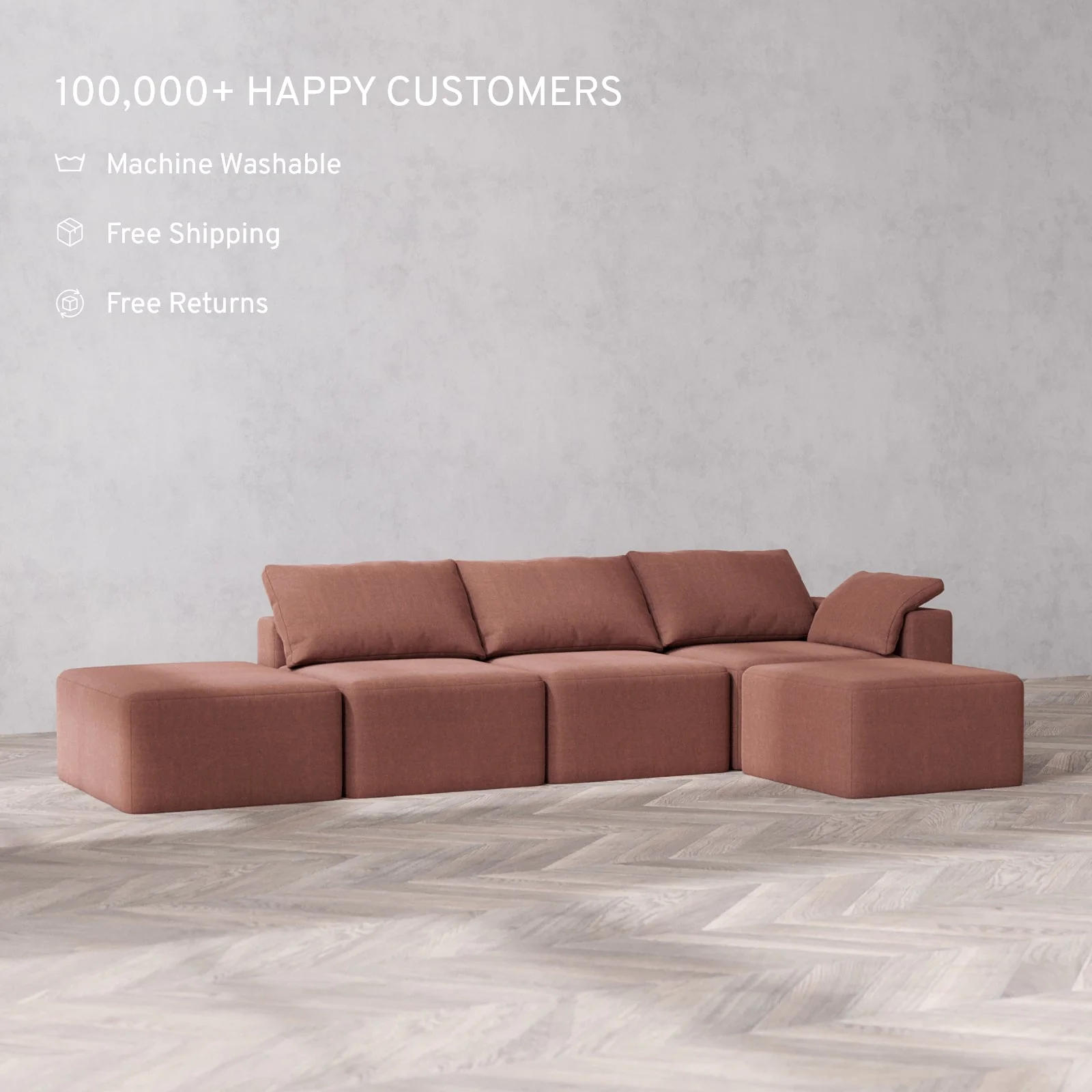 Modular Washable 3-Seater Open End Sectional Cloud Sofa | Right-Facing Arm | Heirloom Velvet in Sumac - Image 2