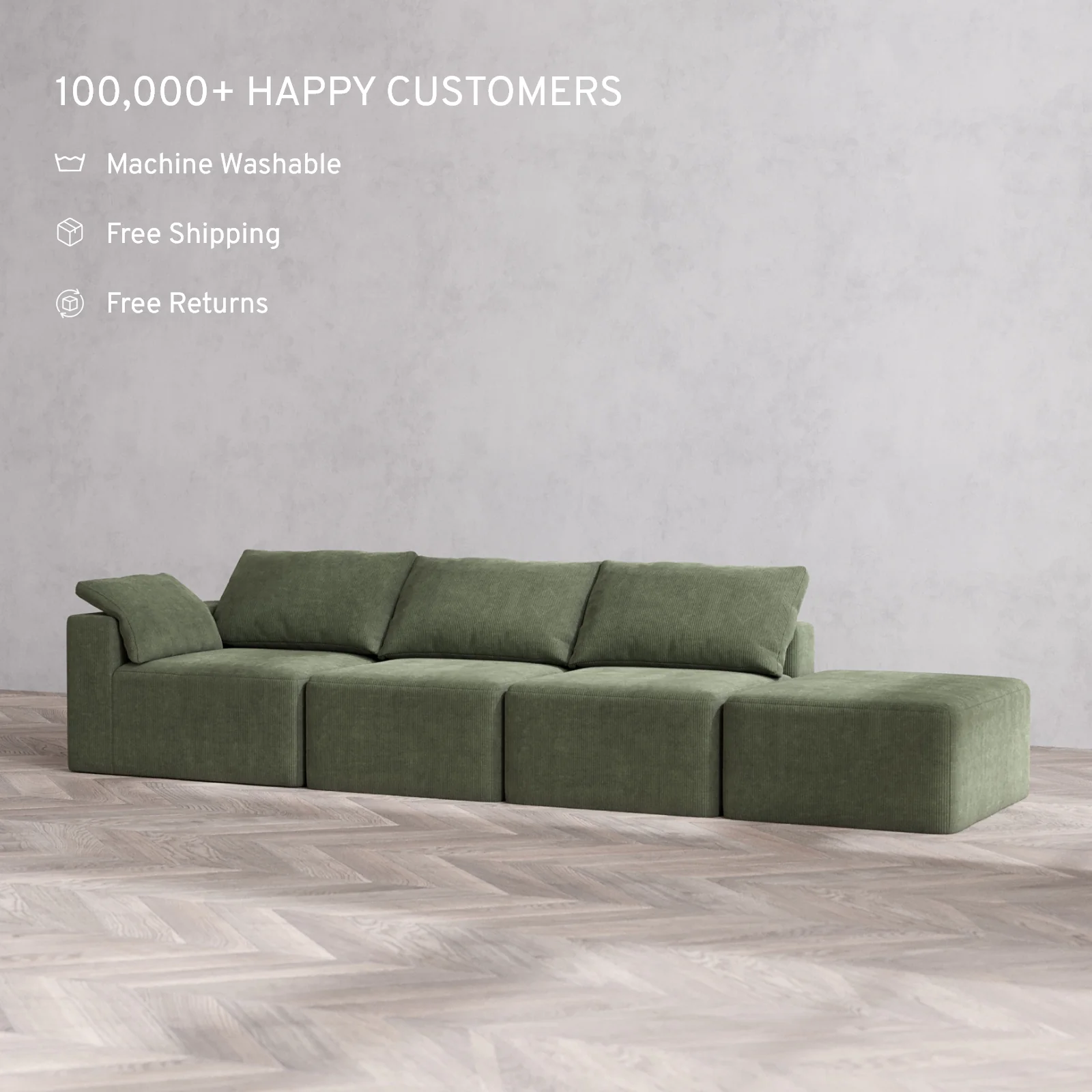 Modular Washable 3-Seater Open End Cloud Sofa | Left-Facing Arm | Luxe Corduroy in Juniper - Image 2
