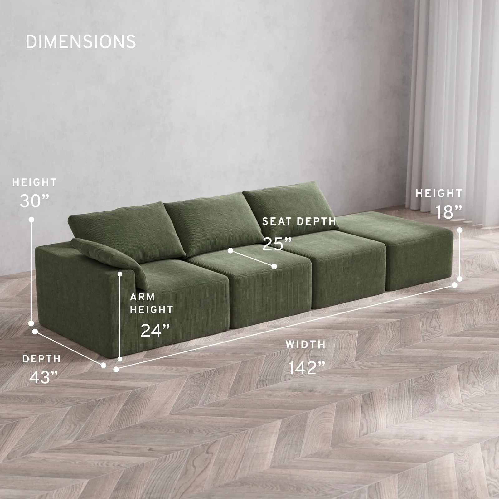 Modular Washable 3-Seater Open End Cloud Sofa | Left-Facing Arm | Luxe Corduroy in Juniper - Image 5