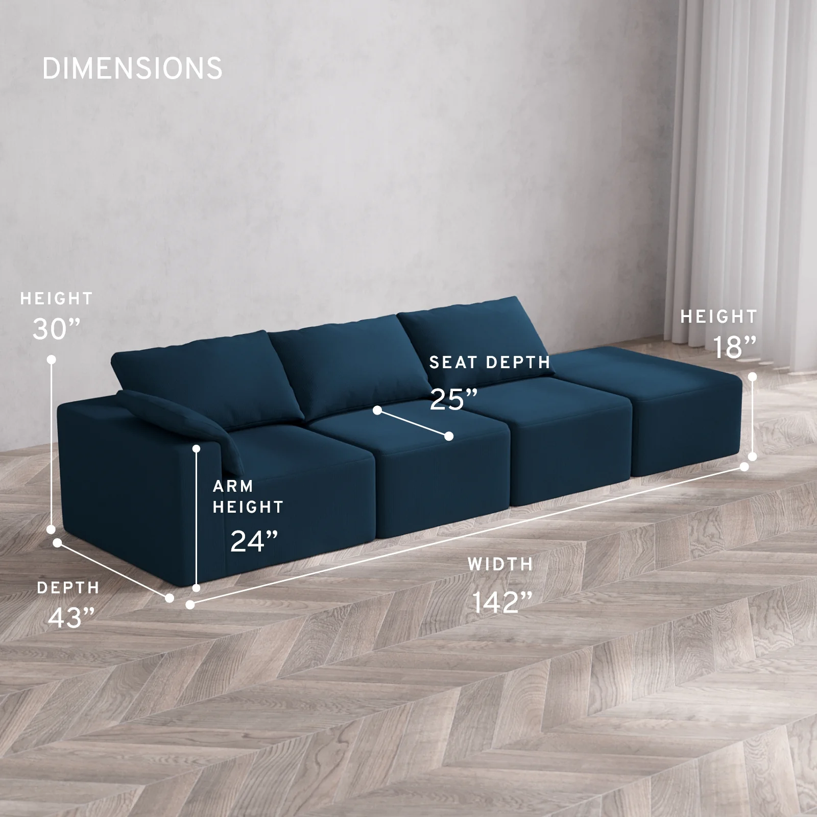 Modular Washable 3-Seater Open End Cloud Sofa | Left-Facing Arm | Arden Weave in Lazuli - Image 5