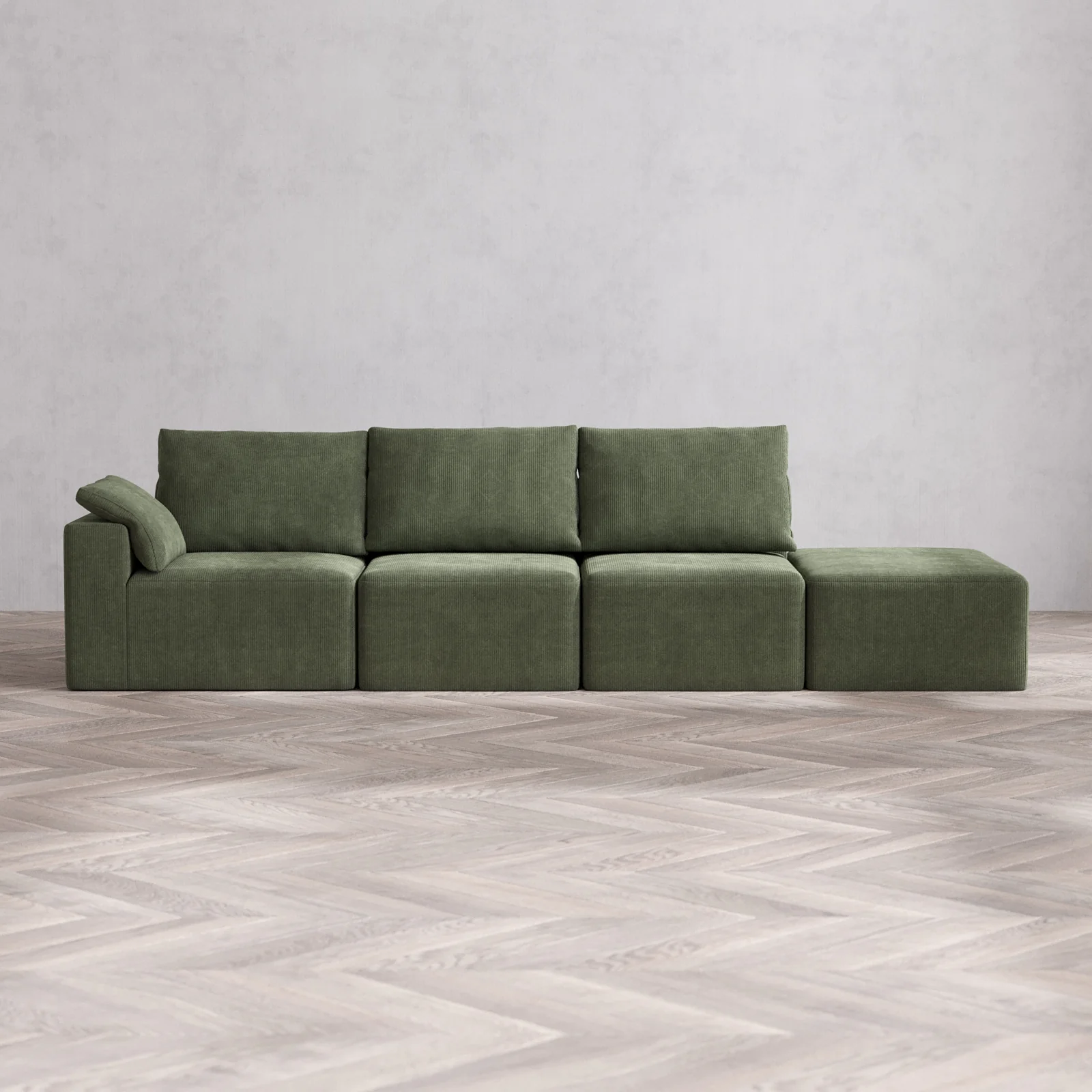 Modular Washable 3-Seater Open End Cloud + Bolster Sofa | Left-Facing Arm | Luxe Corduroy in Juniper