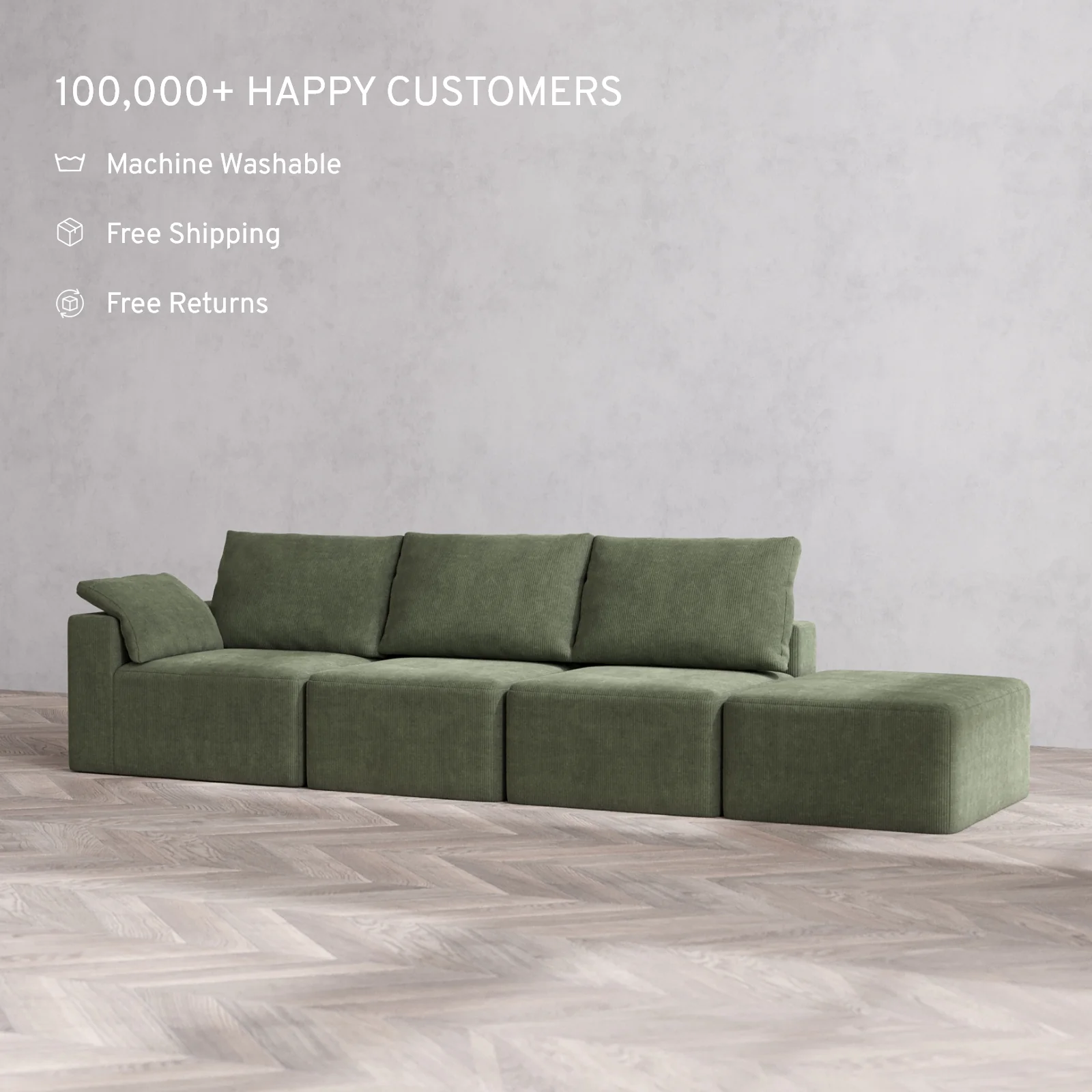 Modular Washable 3-Seater Open End Cloud + Bolster Sofa | Left-Facing Arm | Luxe Corduroy in Juniper - Image 2
