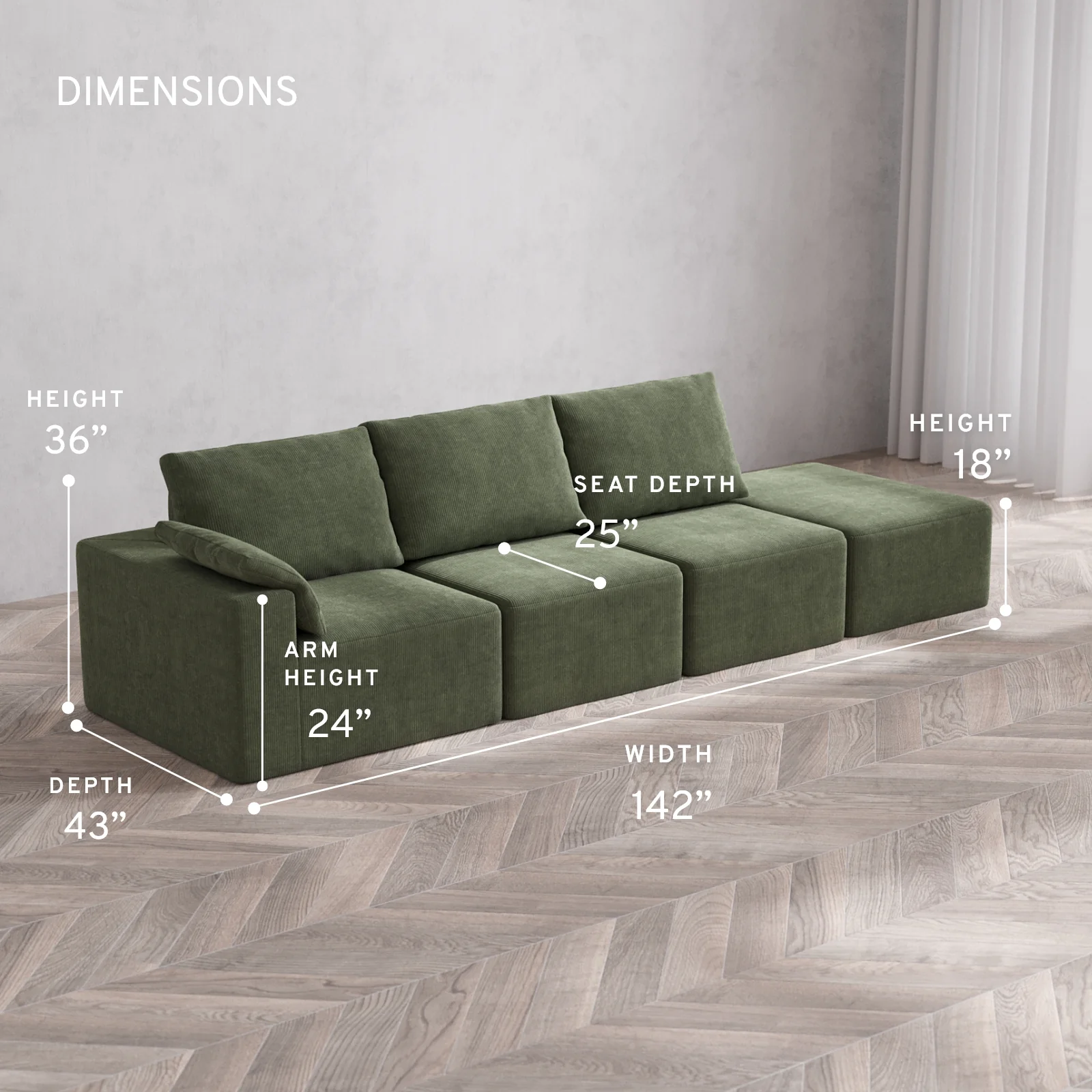 Modular Washable 3-Seater Open End Cloud + Bolster Sofa | Left-Facing Arm | Luxe Corduroy in Juniper - Image 5