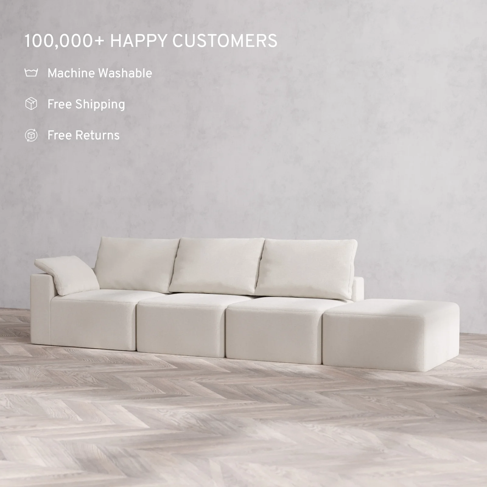Modular Washable 3-Seater Open End Cloud + Bolster Sofa | Left-Facing Arm | Lux Weave in Pearl - Image 2