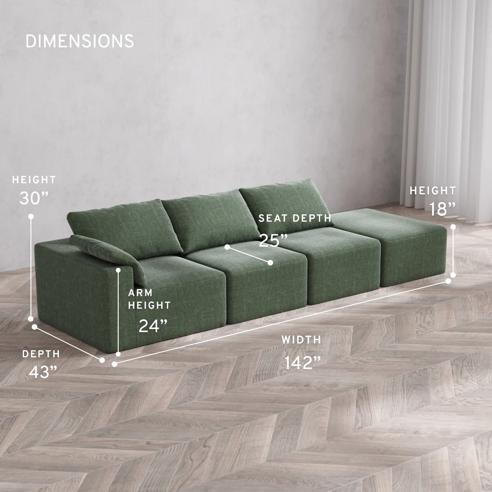 Modular Washable 3-Seater Open End Cloud Sofa | Left-Facing Arm | Heirloom Velvet in Sage - Image 5