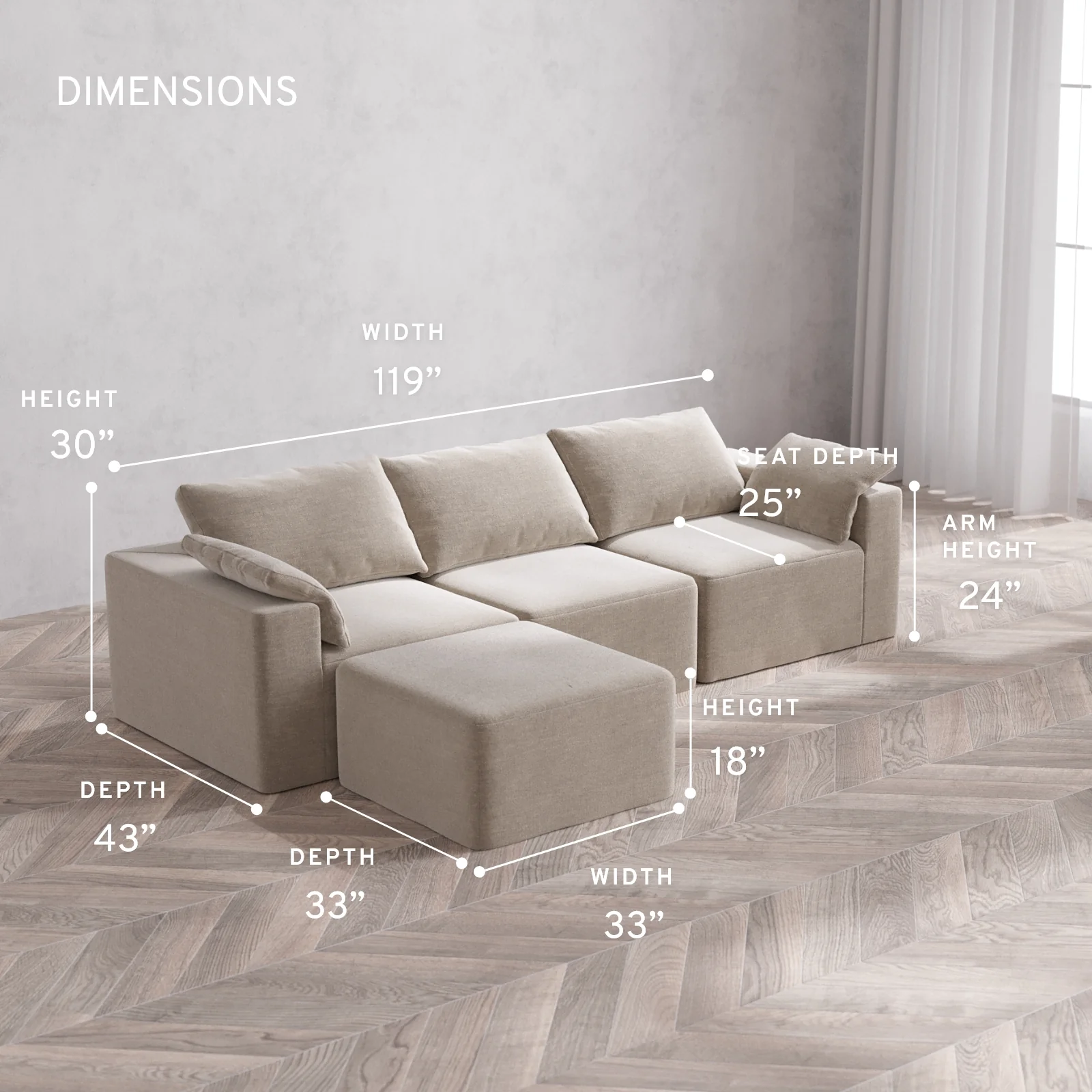 Modular Washable 3-Seater Sectional Cloud Sofa | Satin Velvet in Caraway - Image 5