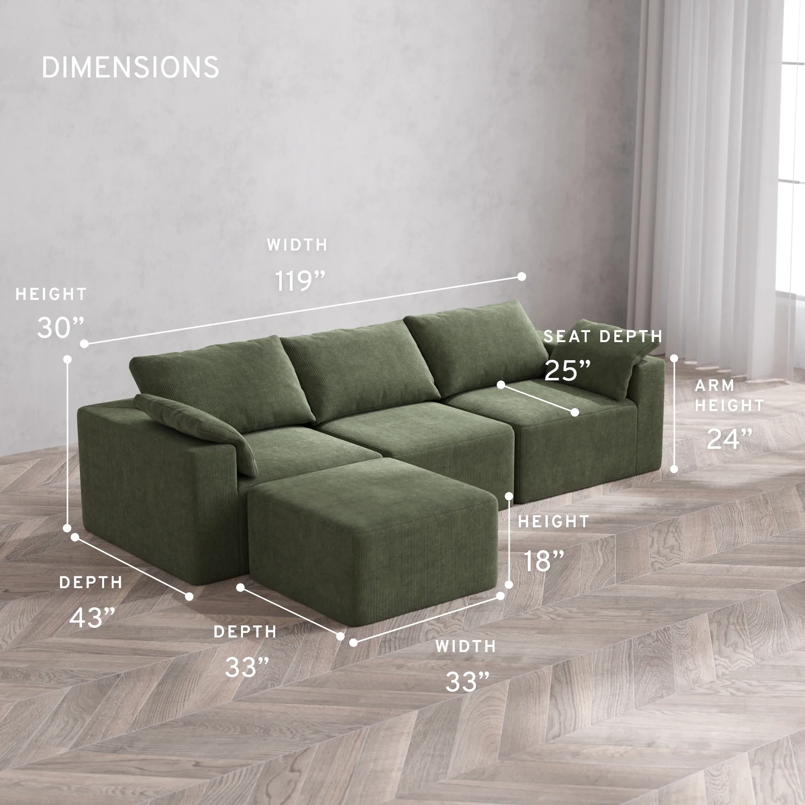 Modular Washable 3-Seater Sectional Cloud Sofa | Luxe Corduroy in Juniper - Image 5