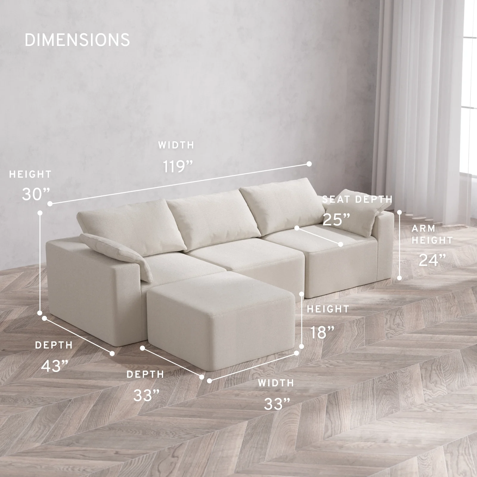 Modular Washable 3-Seater Sectional Cloud Sofa | Lux Weave in Pearl - Image 5