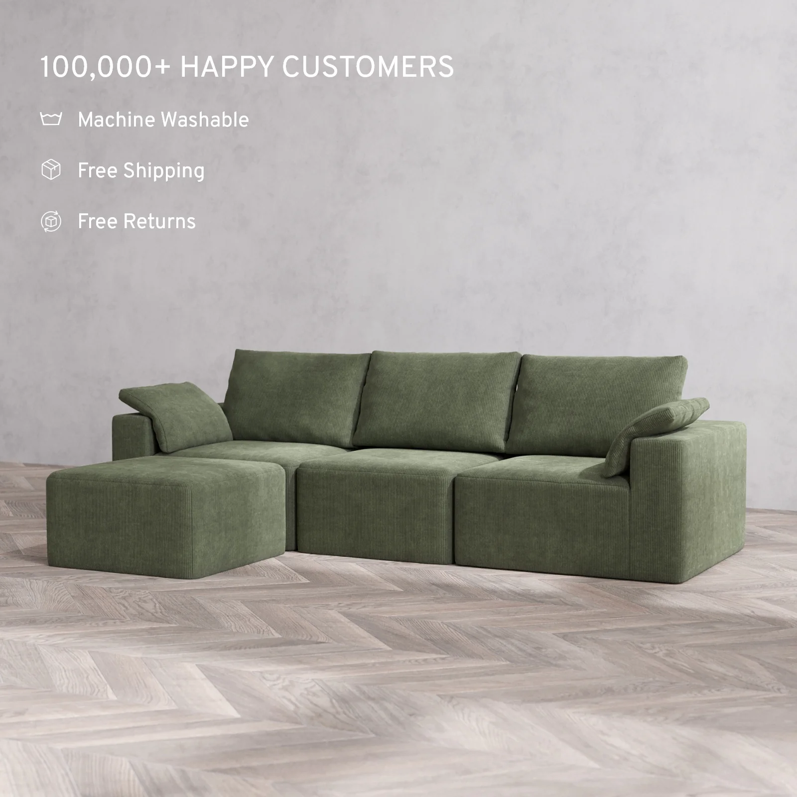 Modular Washable 3-Seater Sectional Cloud + Bolster Sofa | Luxe Corduroy in Juniper - Image 2