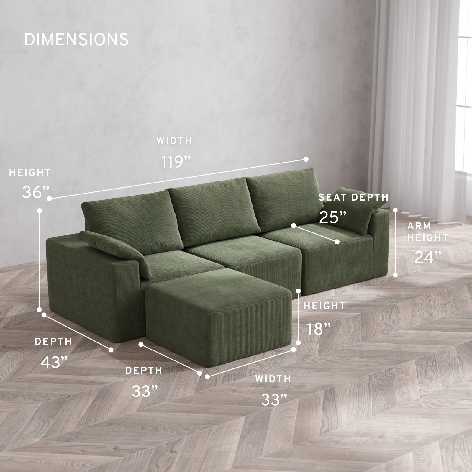 Modular Washable 3-Seater Sectional Cloud + Bolster Sofa | Luxe Corduroy in Juniper - Image 5