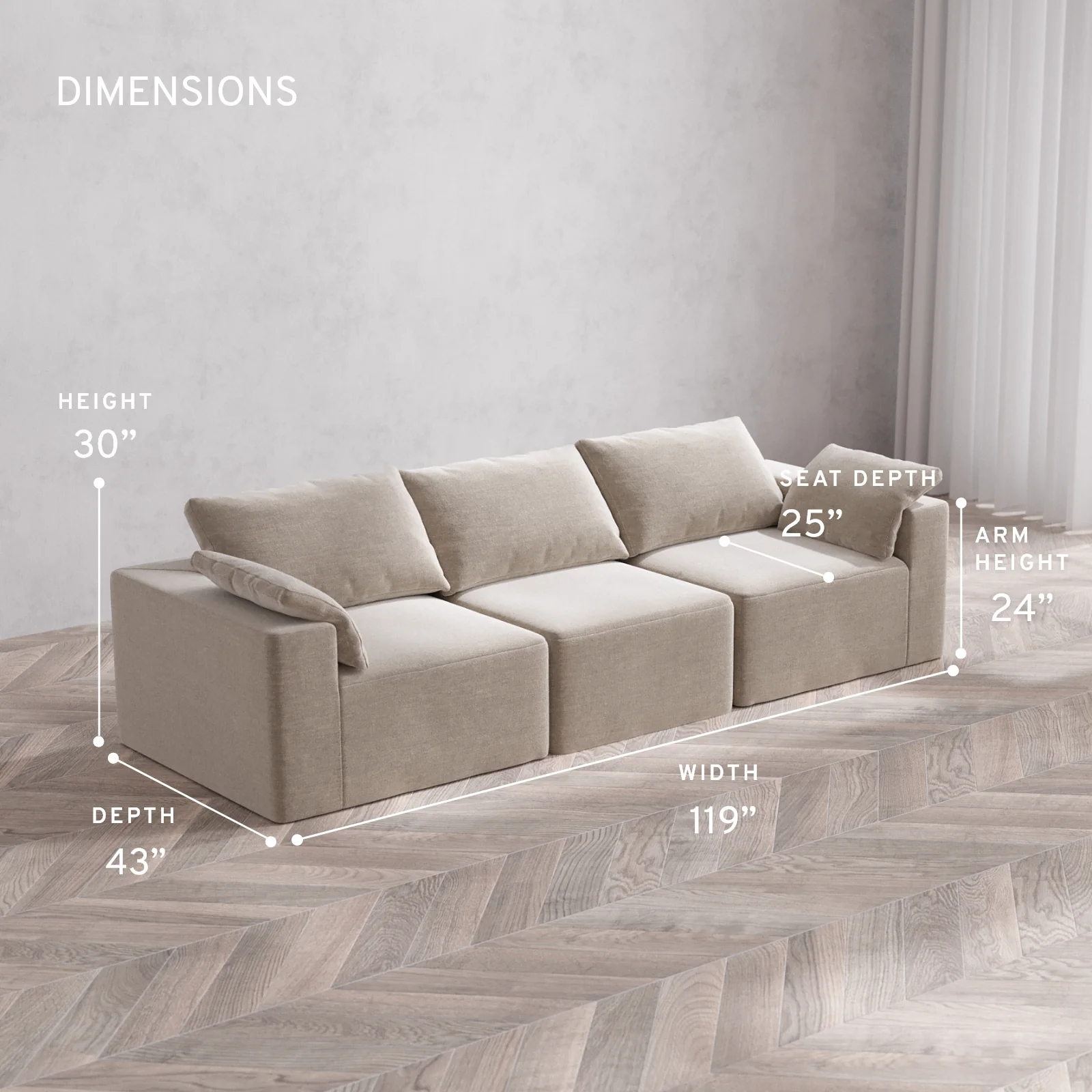 Modular Washable 3-Seater Cloud Sofa | Satin Velvet in Caraway - Image 5