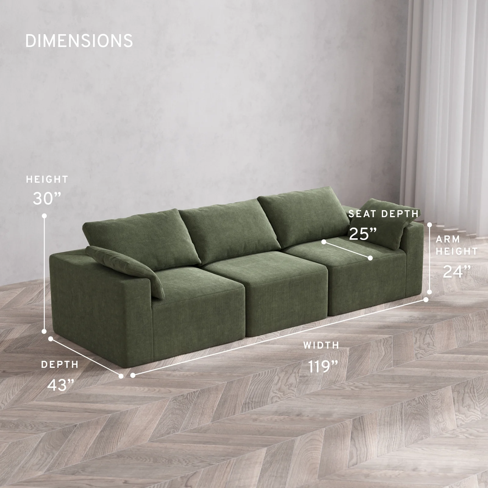 Modular Washable 3-Seater Cloud Sofa | Luxe Corduroy in Juniper - Image 5