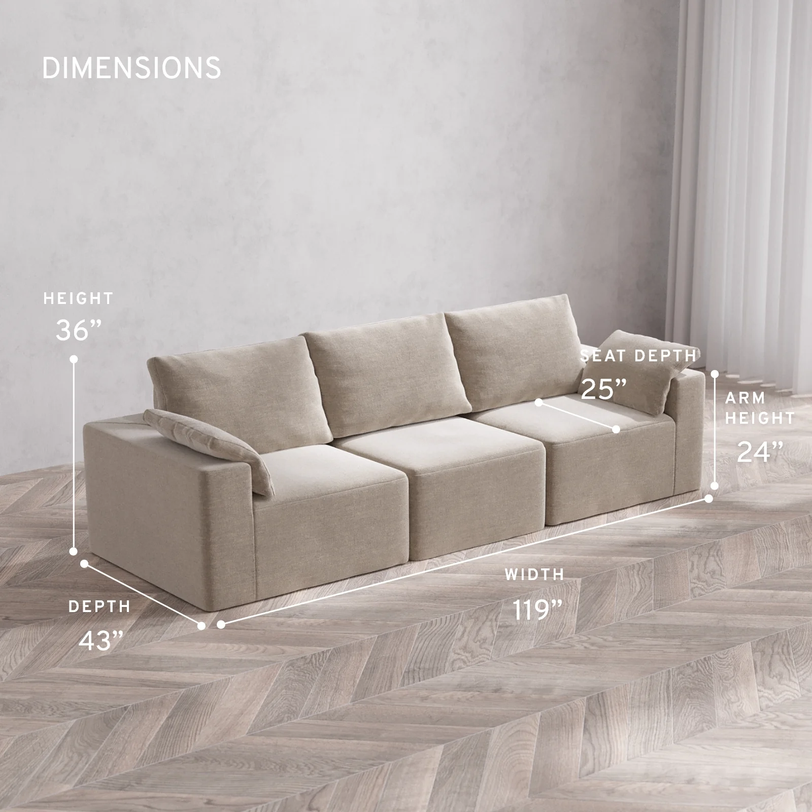 Modular Washable 3-Seater Cloud + Bolster Sofa | Satin Velvet in Caraway - Image 5