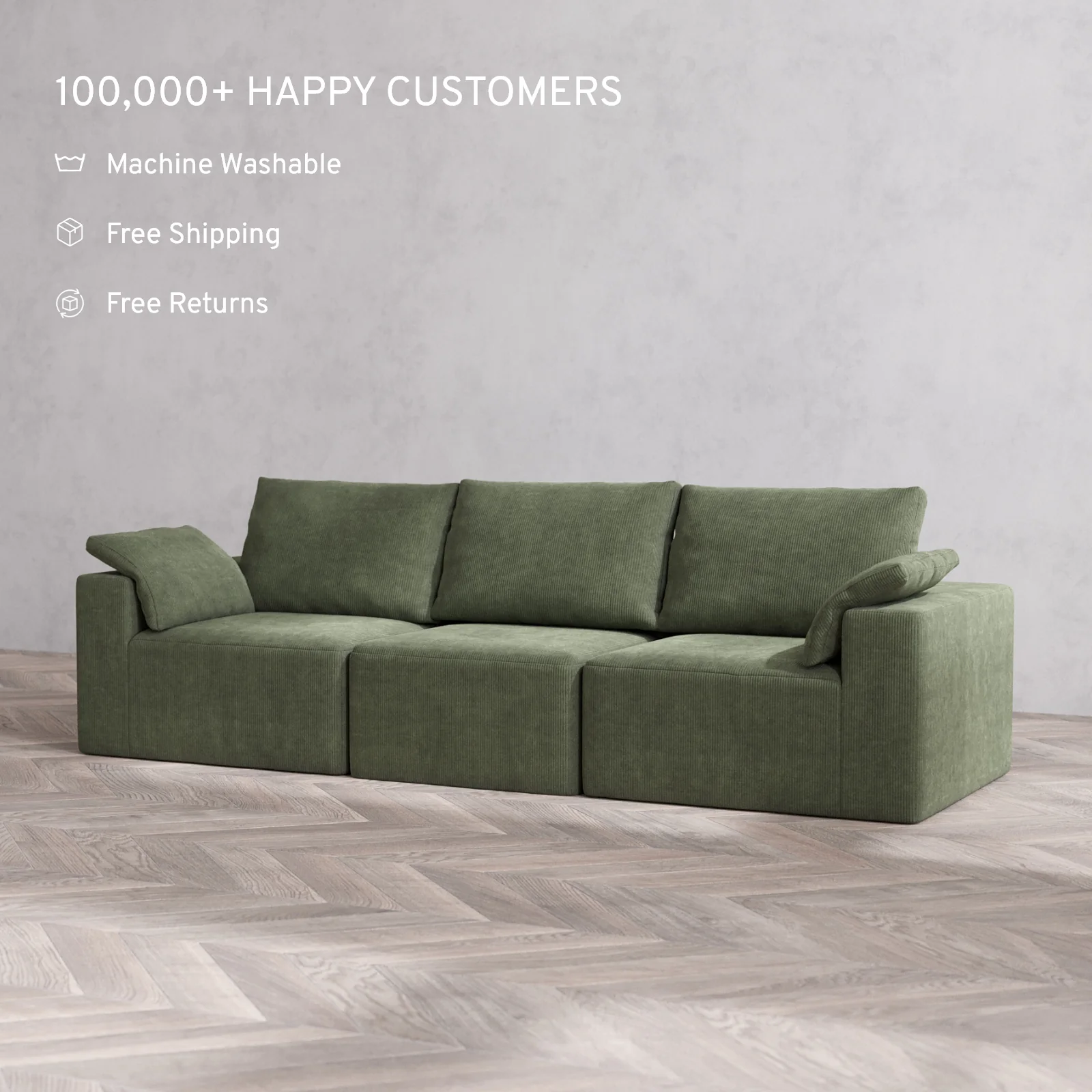Modular Washable 3-Seater Cloud + Bolster Sofa | Luxe Corduroy in Juniper - Image 2