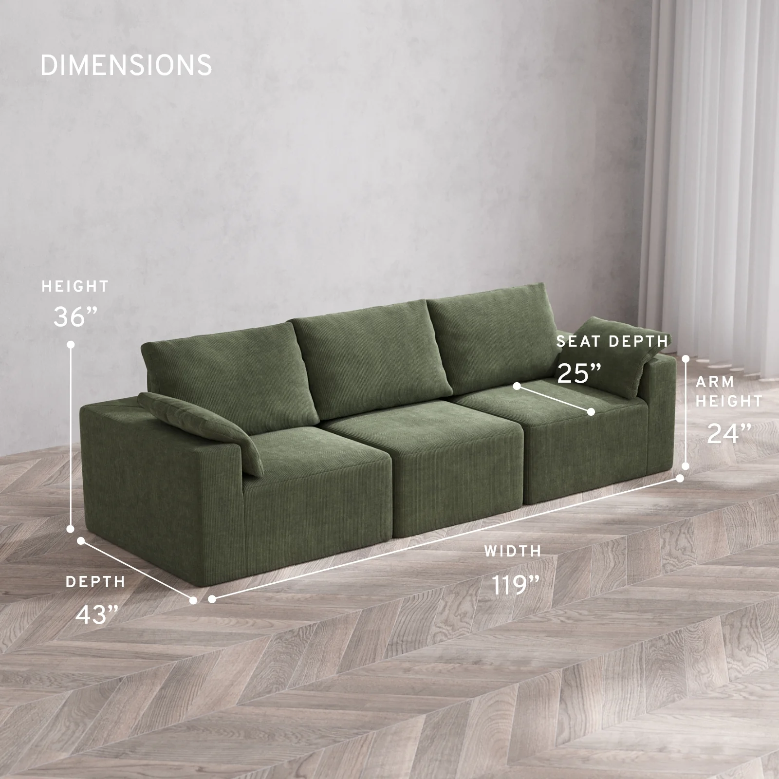 Modular Washable 3-Seater Cloud + Bolster Sofa | Luxe Corduroy in Juniper - Image 5